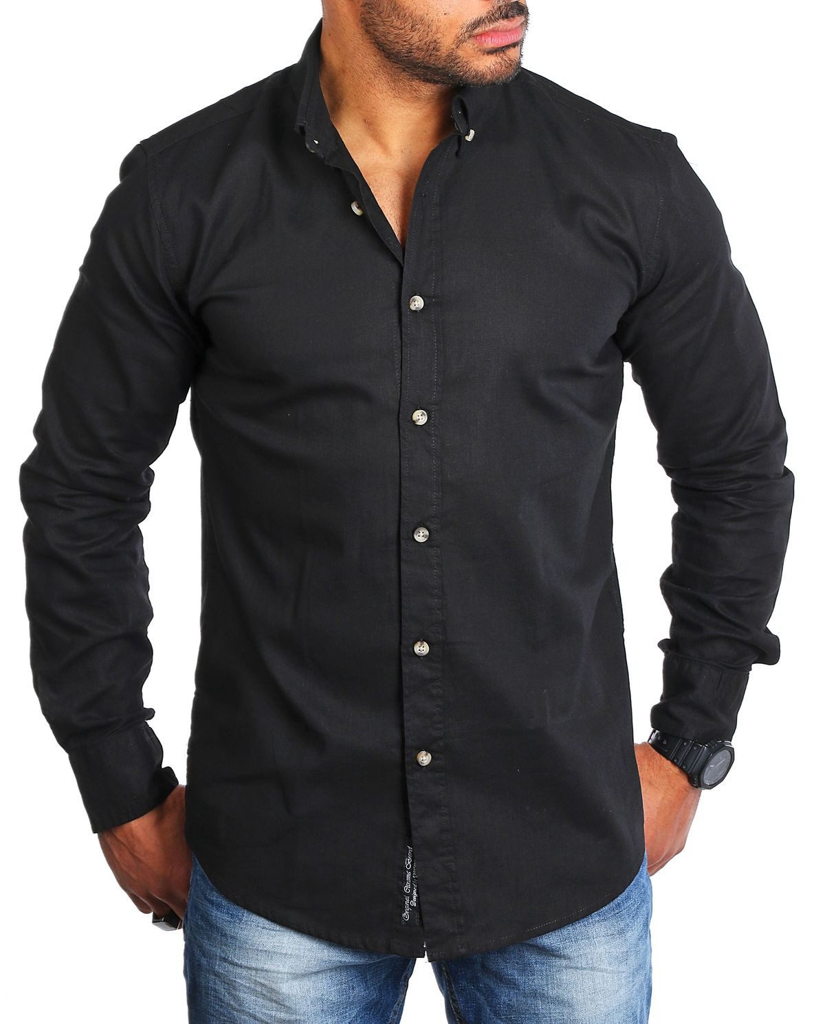 Langarmhemd Herren Leinen Baumwoll Mix Casual Hemd 8529