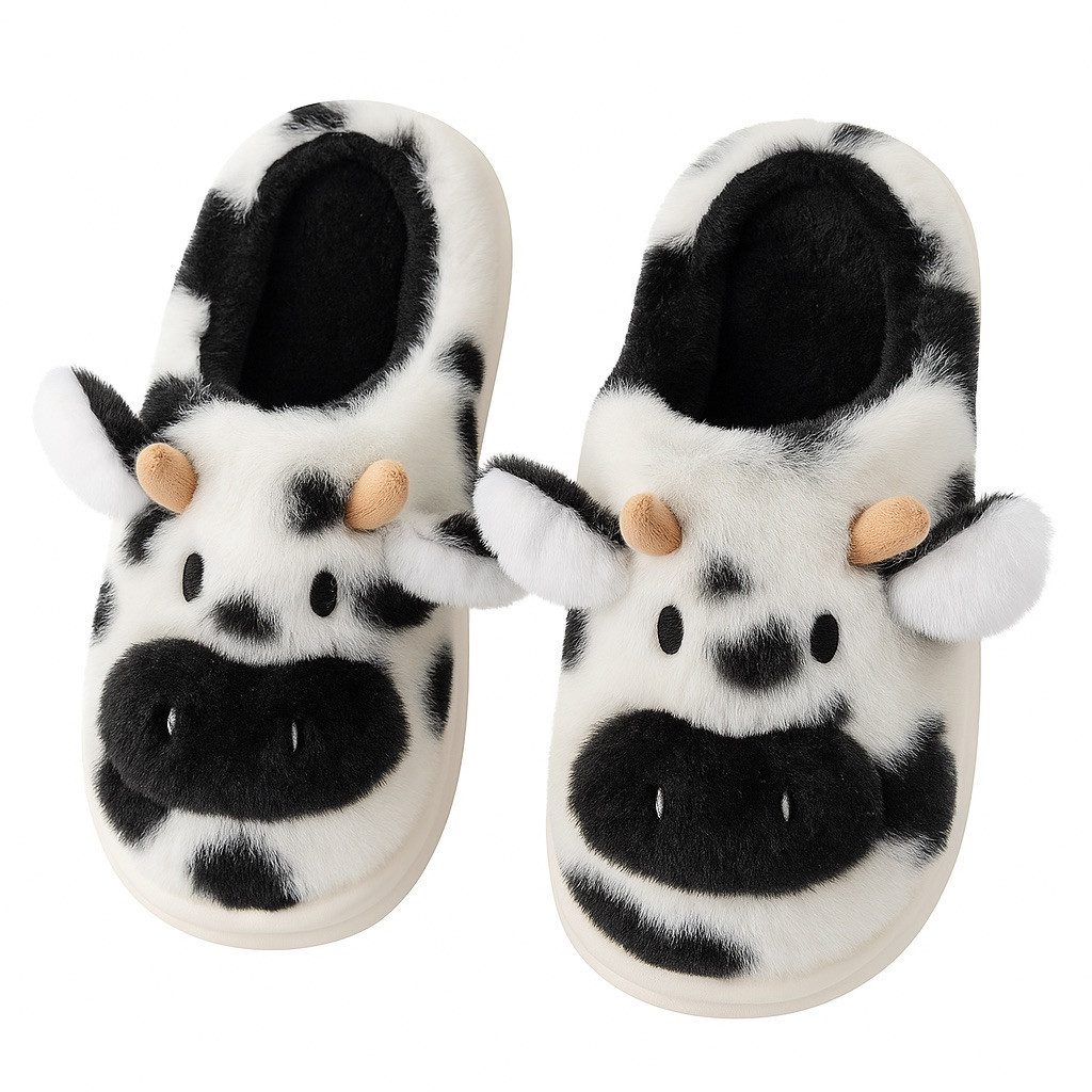 Corimori Flauschige Kuh Pantoffeln im MuhKuh-Design Plüsch Hausschuhe (Packung, Geschenk) lustige Plüsch Slipper für Kinder und Erwachsene, EU Größe 34-35