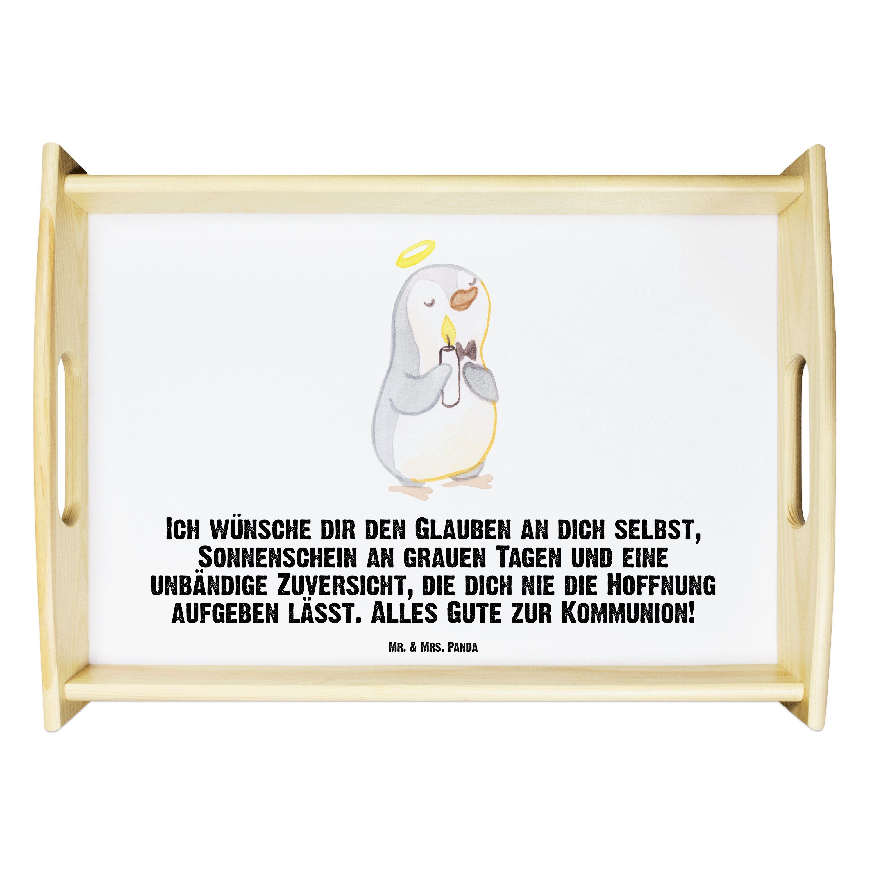 Mr. & Mrs. Panda Tablett Pinguin Kommunion - Weiß - Geschenk, Jugendweihe, Kommunion Geschenk, Echtholz lasiert, (1-tlg)