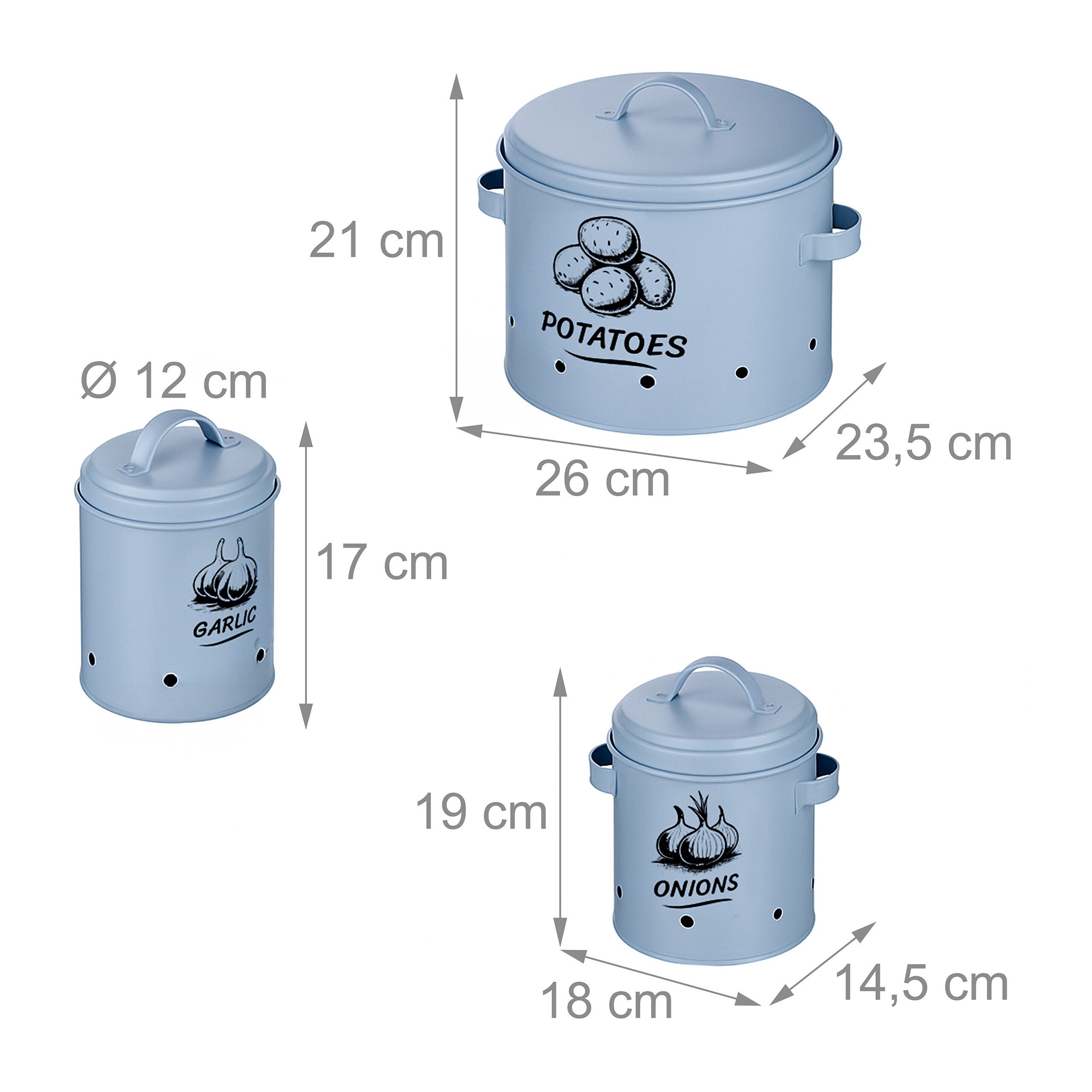 relaxdays Vorratsdose Kartoffel Aufbewahrungsbox 3er Set, Stahl, (3-tlg), Hellblau – Bild 4 von 5