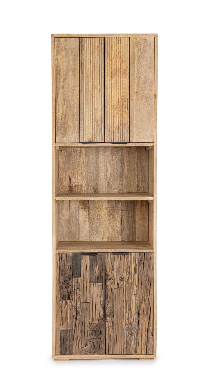 Feeling4Home Mehrzweckschrank Nashik aus Mangoholz, Schmal Türen: 2x Mangoholz, 2x recyceltes Holz, mit Magnetverschluss