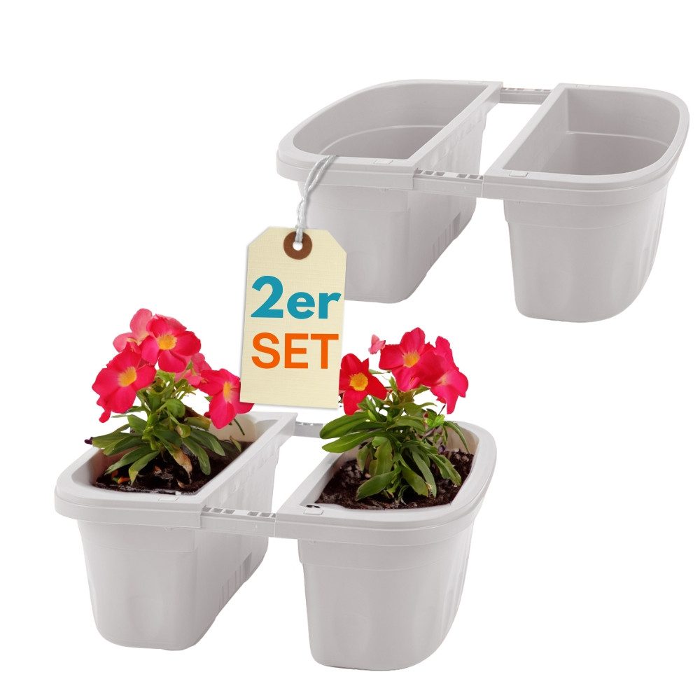 GarPet Blumenkasten 2er Set Blumen Kasten Beidseitig Balkon Geländer Halterung Weiß 40 cm