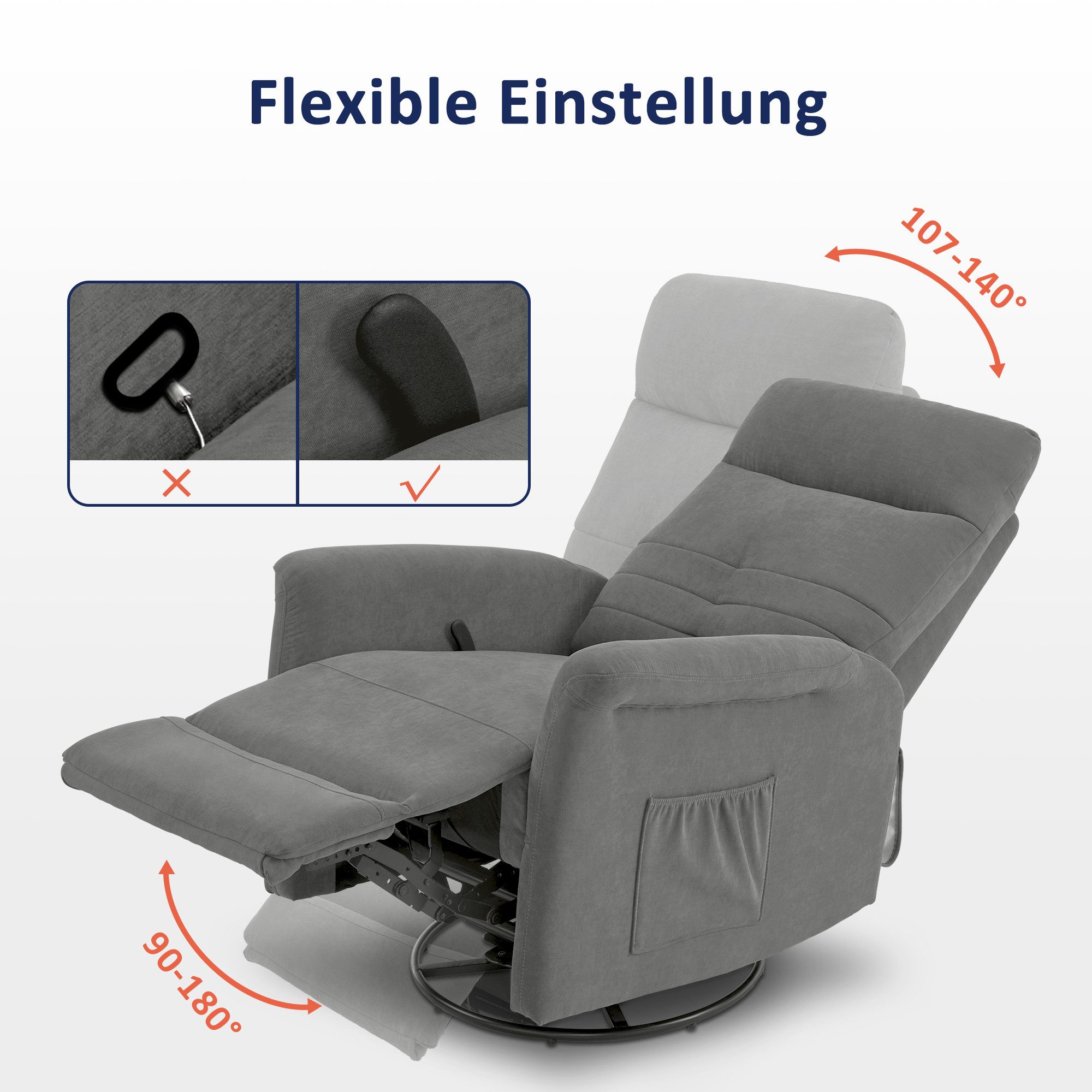 MCombo Drehsessel M MCombo Relaxsessel Fernsehsessel mit Dreh- und Schwenkfunktion 7011, mit Liegefunktion Manuell, TV Sessel mit Wippfunktion & Drehfunktion – Bild 3 von 5