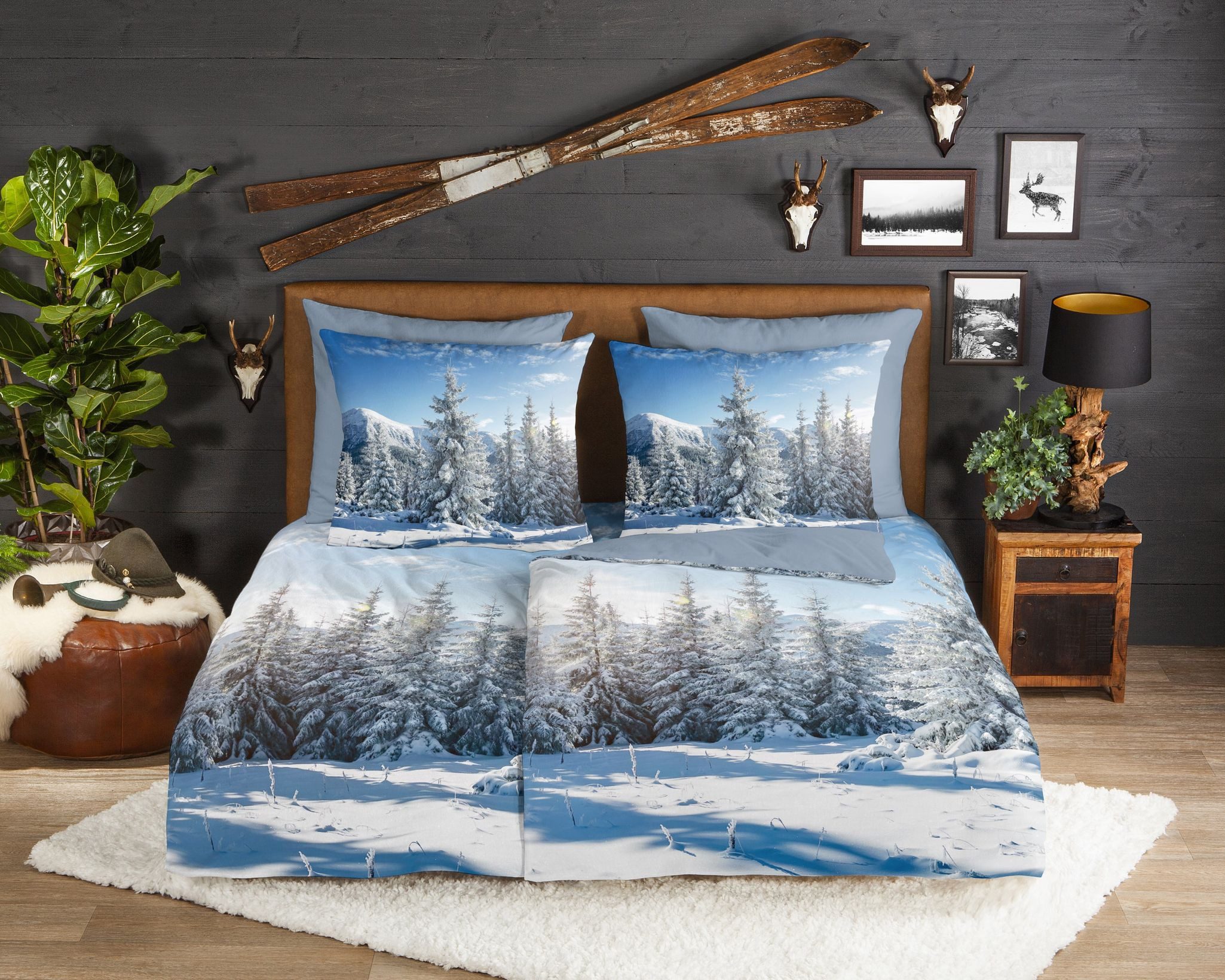 JACK Wendebettwäsche 135x200cm, Winterparadies Berge Blau Weiß, Flanell, 2 günstig online kaufen