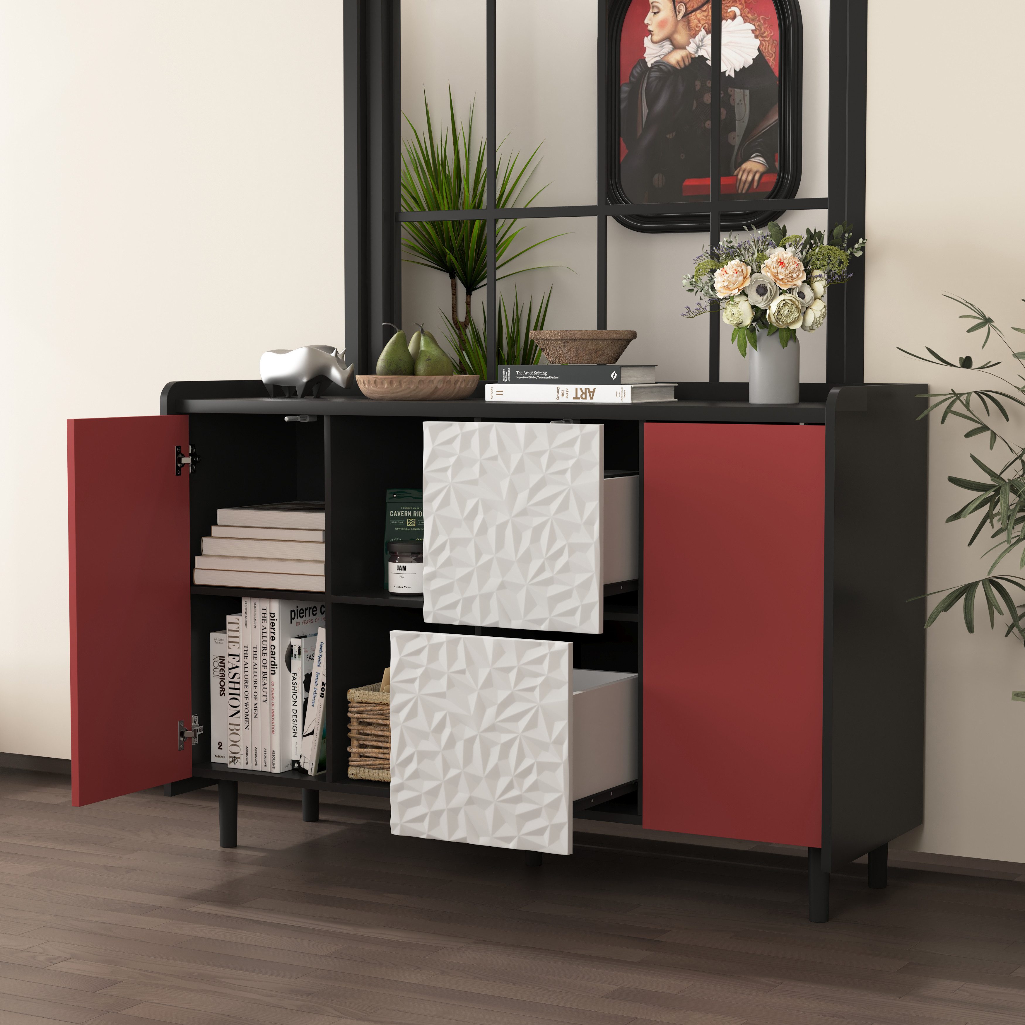 EXTSUD Sideboard Sideboard 120 cm – Schwarz, 2 Schubladen & Schrank