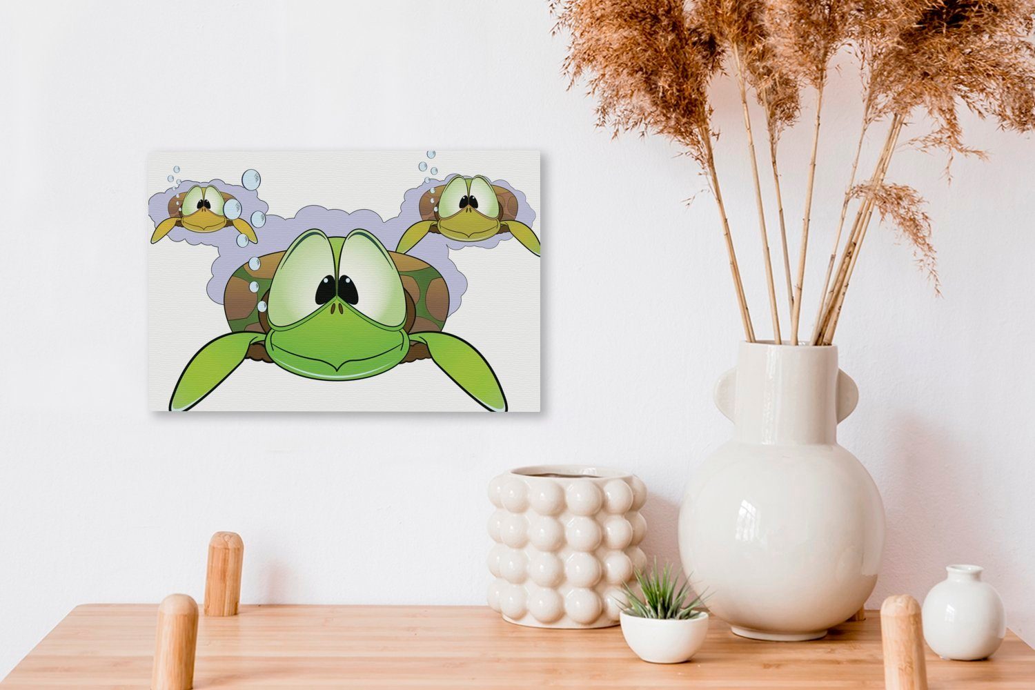 Wandbild (1 Leinwandbilder, Wasser, cm Illustration von Leinwandbild Schildkröten St), drei im Wanddeko, OneMillionCanvasses® grünen Aufhängefertig, 30x20
