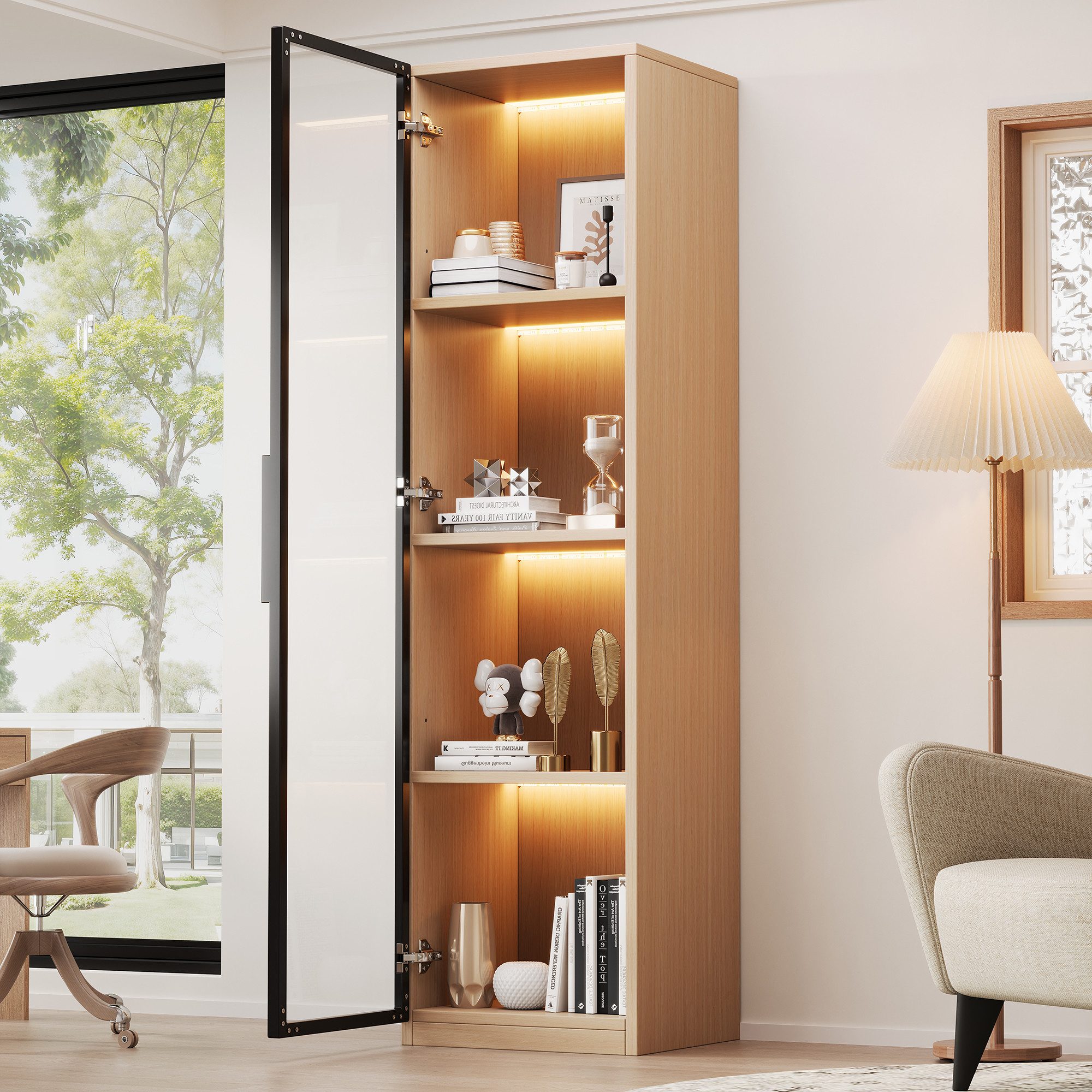 Celya Vitrine Vitrinenschrank mit Glastür, 40×40×165 cm, schmaler Hochschrank (LED-Beleuchtung & Soft-Close-Scharnieren) aus MDF in Eichenoptik, mit gehärtetem Glas