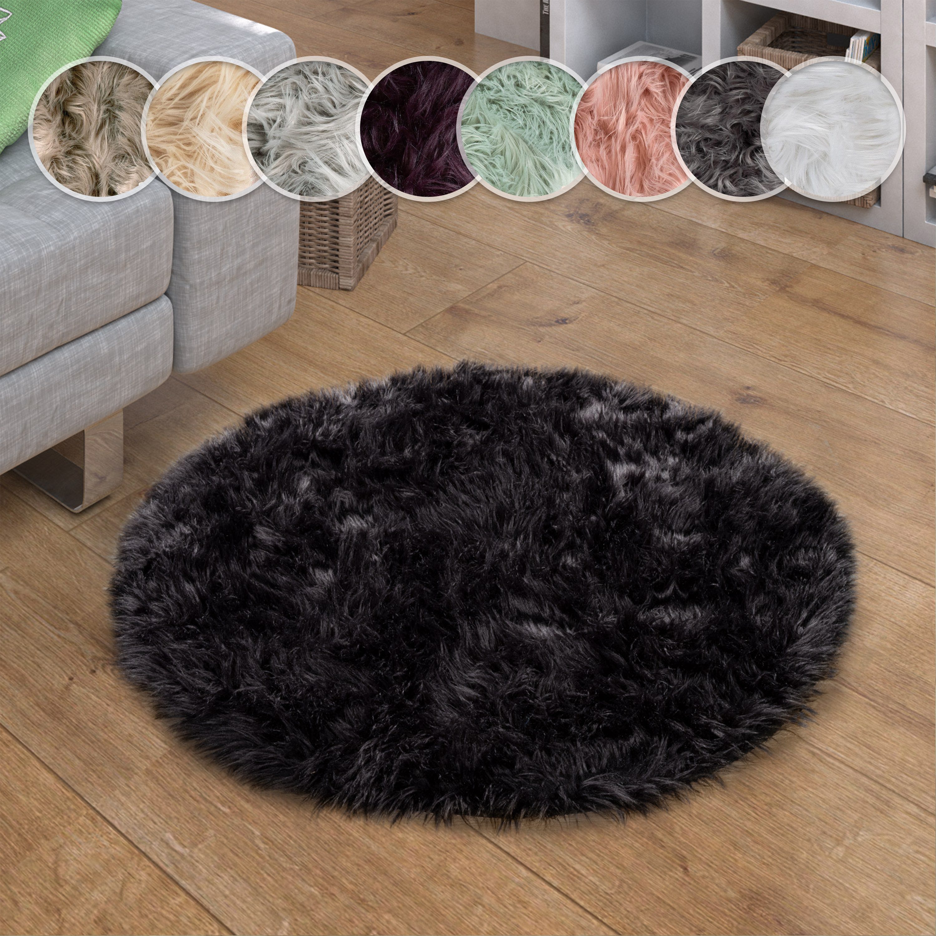 Paco Home Fellteppich Playa 960, rund, Höhe: 64 mm, Kunstfell, Flokati-Optik, Hochflor, weich und flauschig, Uni-Farben