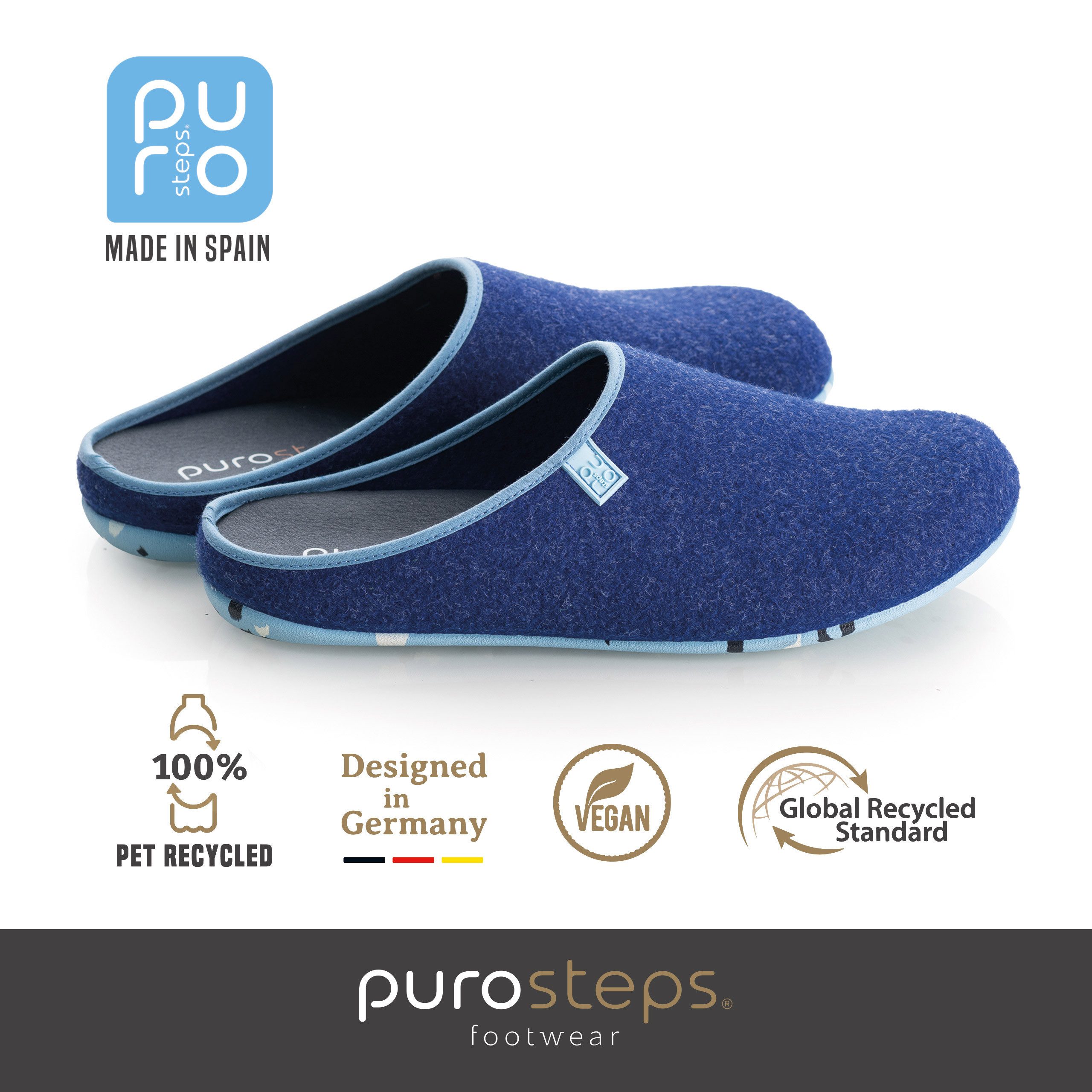 purosteps Fieltro-Eco Hausschuh Hergestellt aus recycelten PET Flaschen, Handgefertigt, Naturkautschuk