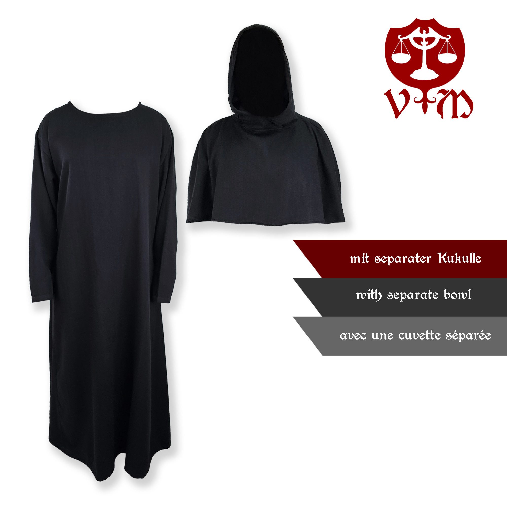 Vehi Mercatus Wikinger-Kostüm Mönchskutte schwarz "Baldrich" - Set aus Habit, Kukulle und Seilgürtel