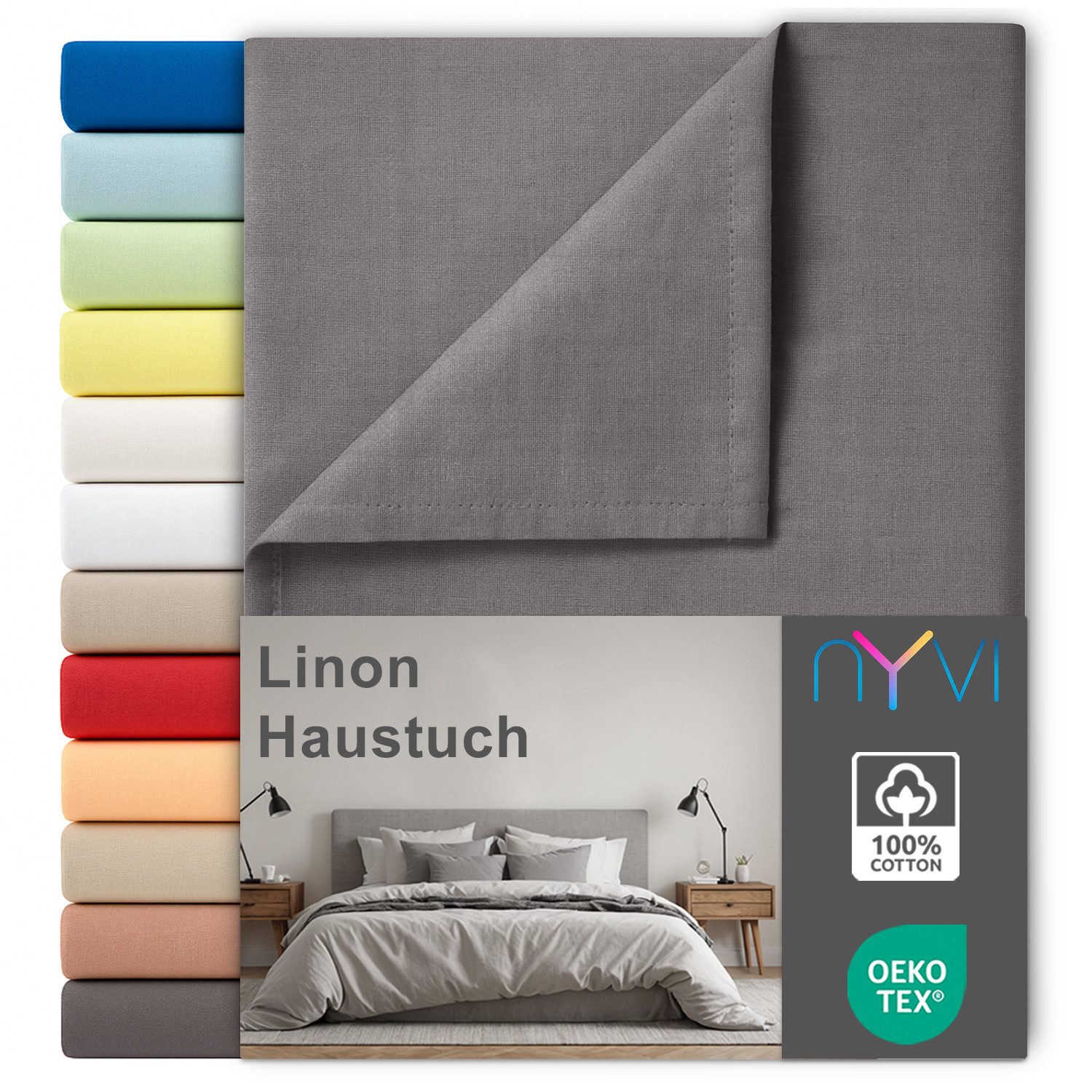 NYVI Betttuch Linon Deluxe Bettlaken ohne Gummizug aus 100% atmungsaktiver Baumwolle, Baumwolle, (1 Stück), Betttuch auch als Sommerdecke nutzbar, OEKO-TEX 100, Bei 60°C waschbar