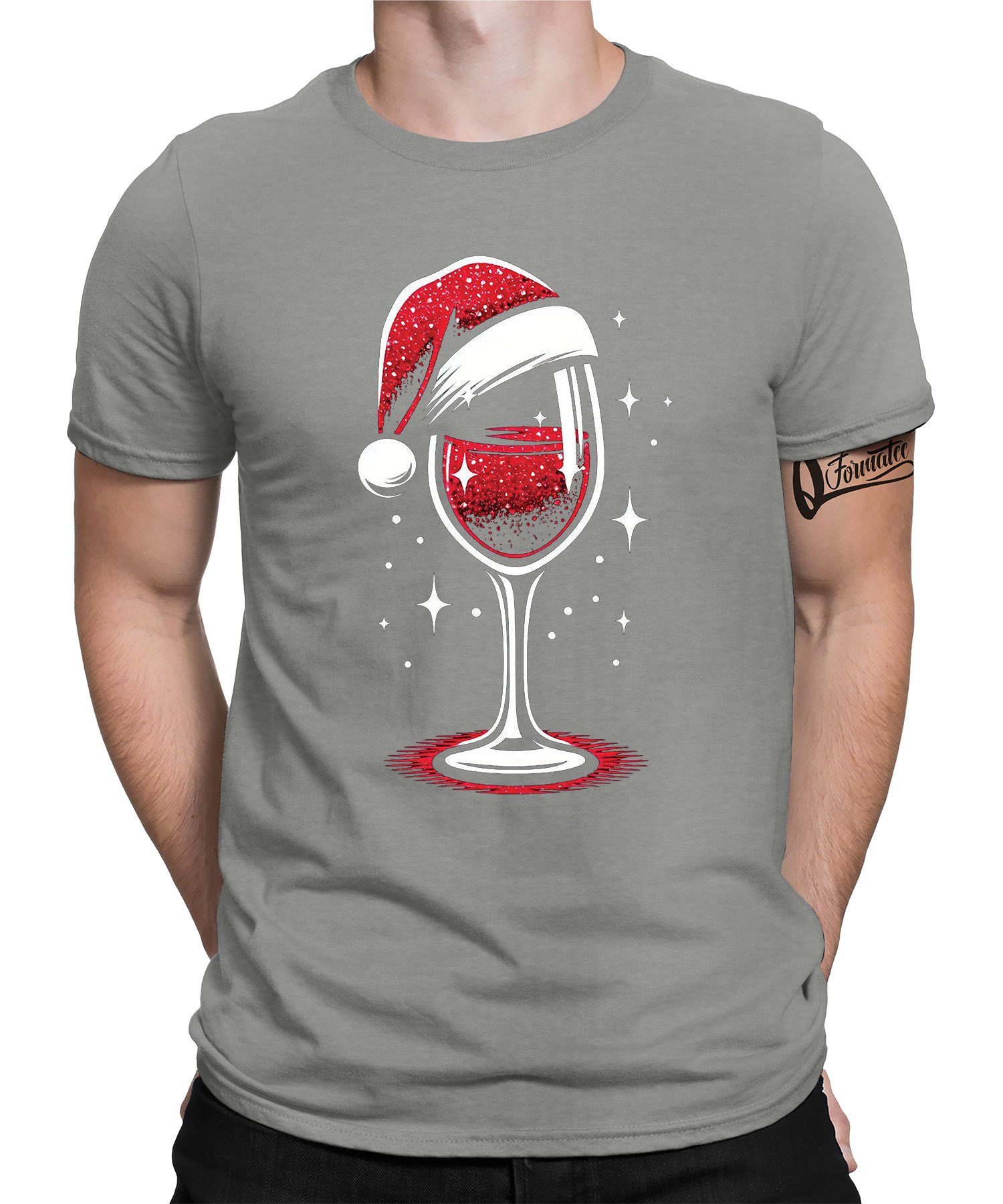 Formatee - Quattro Weinliebhaber Kurzarmshirt Heather Weihnachten (1-tlg) T-Shirt Christmas Grau Wein X-mas Herren