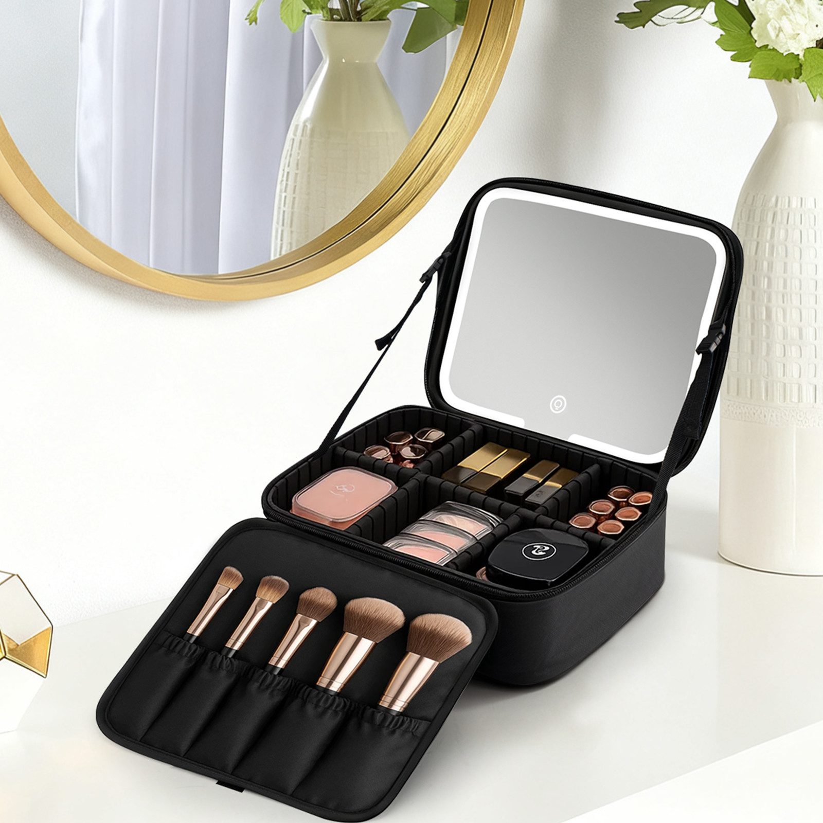 Taschenorganizer Make-up Tasche mit LED Spiegel, 3 Lichtmodi & Dimmbare Helligkeit