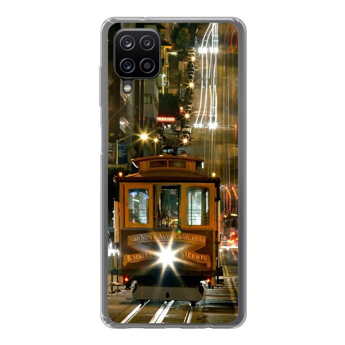 MuchoWow Handyhülle Straßenbahn in San Francisco bei Nacht Handyhülle Samsung Galaxy A12 Smartphone-Bumper Print Handy