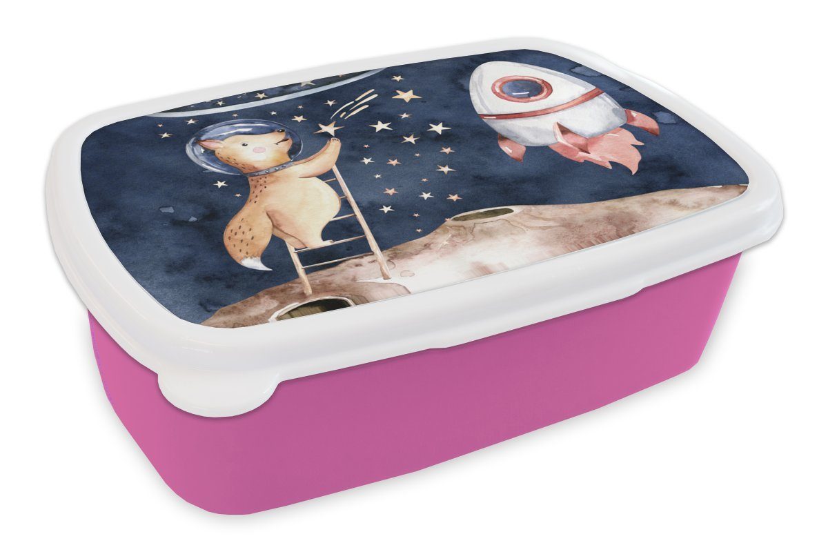 Brotbox rosa Brotdose Snackbox, Mädchen - Mädchen, - MuchoWow Fuchs Kunststoff Kinder, Erwachsene, für Kinder, - Rakete Junge (2-tlg), - - Lunchbox Kunststoff, Weltraum