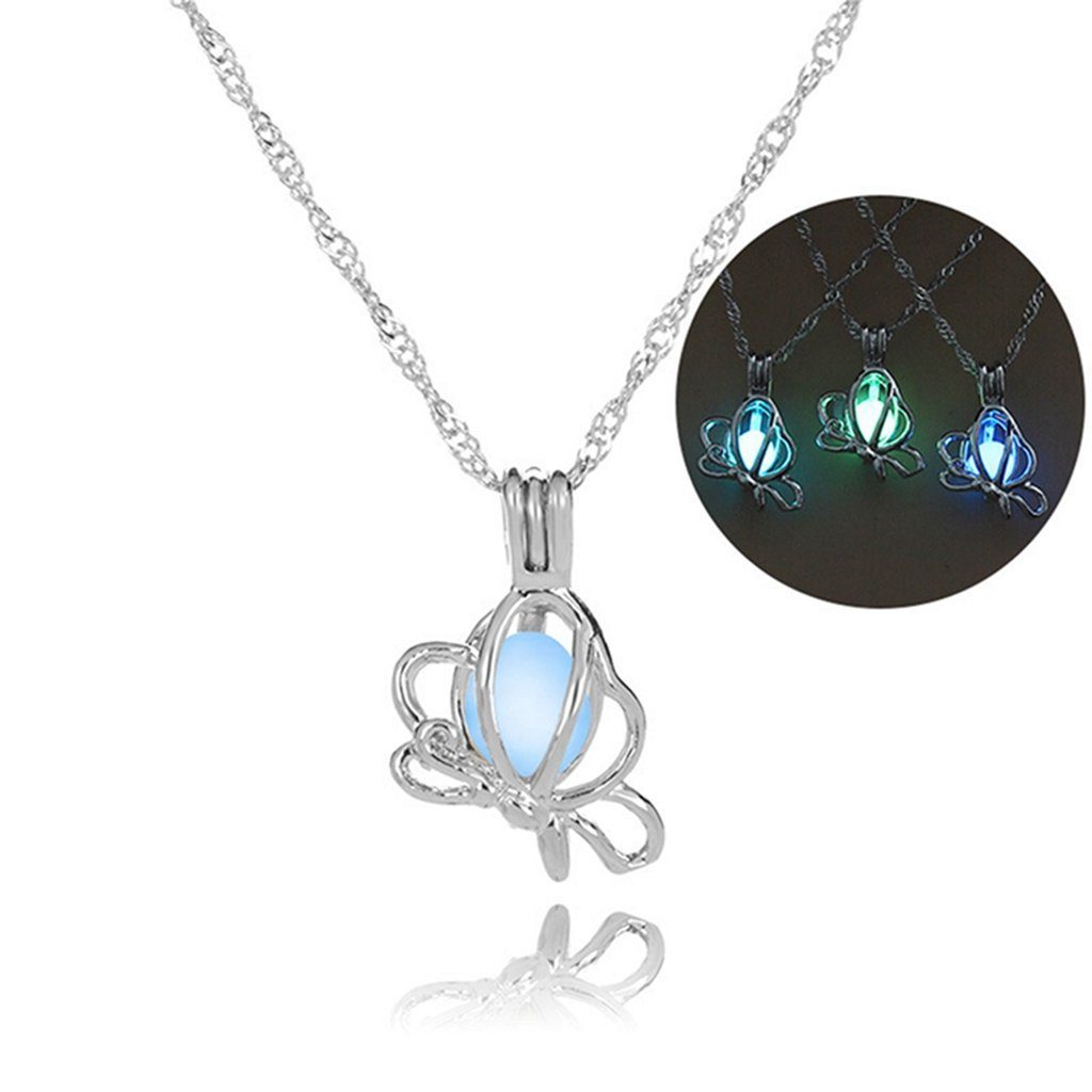 Schmuckgeschenk WaKuKa Charm-Kette leuchtende Frauen, Perlenkette BlauGrün Schmetterling für