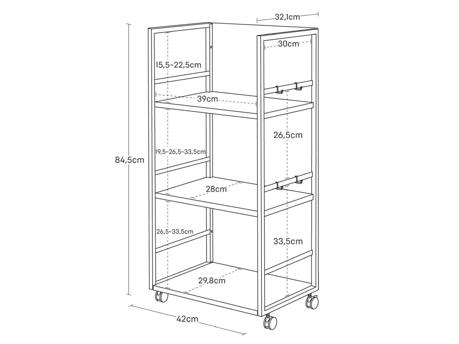 Yamazaki Regal Tower Aufbewahrungswagen 3 Ebenen mit Rollen für Büro Wohnzimmer, - 1-tlg., Aufbewahrungsregal, geschlossene Rückwand, inklusive 4 Haken