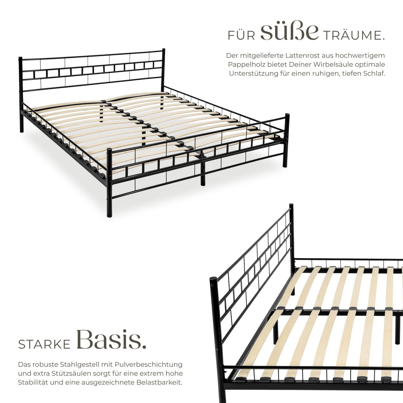 tectake Bettgestell Metallbett 180 x 200 cm mit robustem Stahlgestell und Holzlattenrost (Metall-Bettrahmen Malta, in schwarz), modernes Design, bodenschonende Kunststoffkappen an den Füßen
