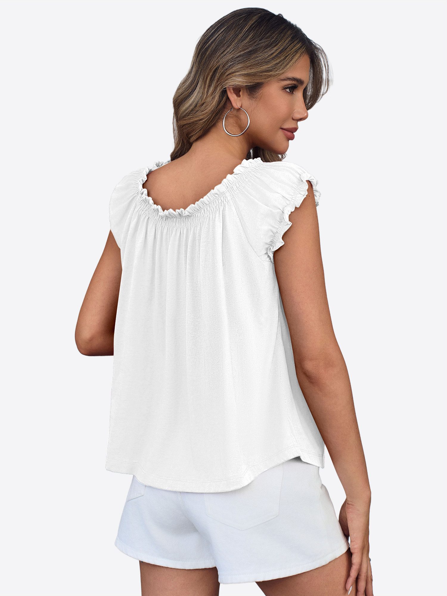 Imily Bela Babydolltop Damen Sommertop mit Puffärmeln und Bindeband vorne (Packung, 1-tlg., 1per-Pack) einfarbig