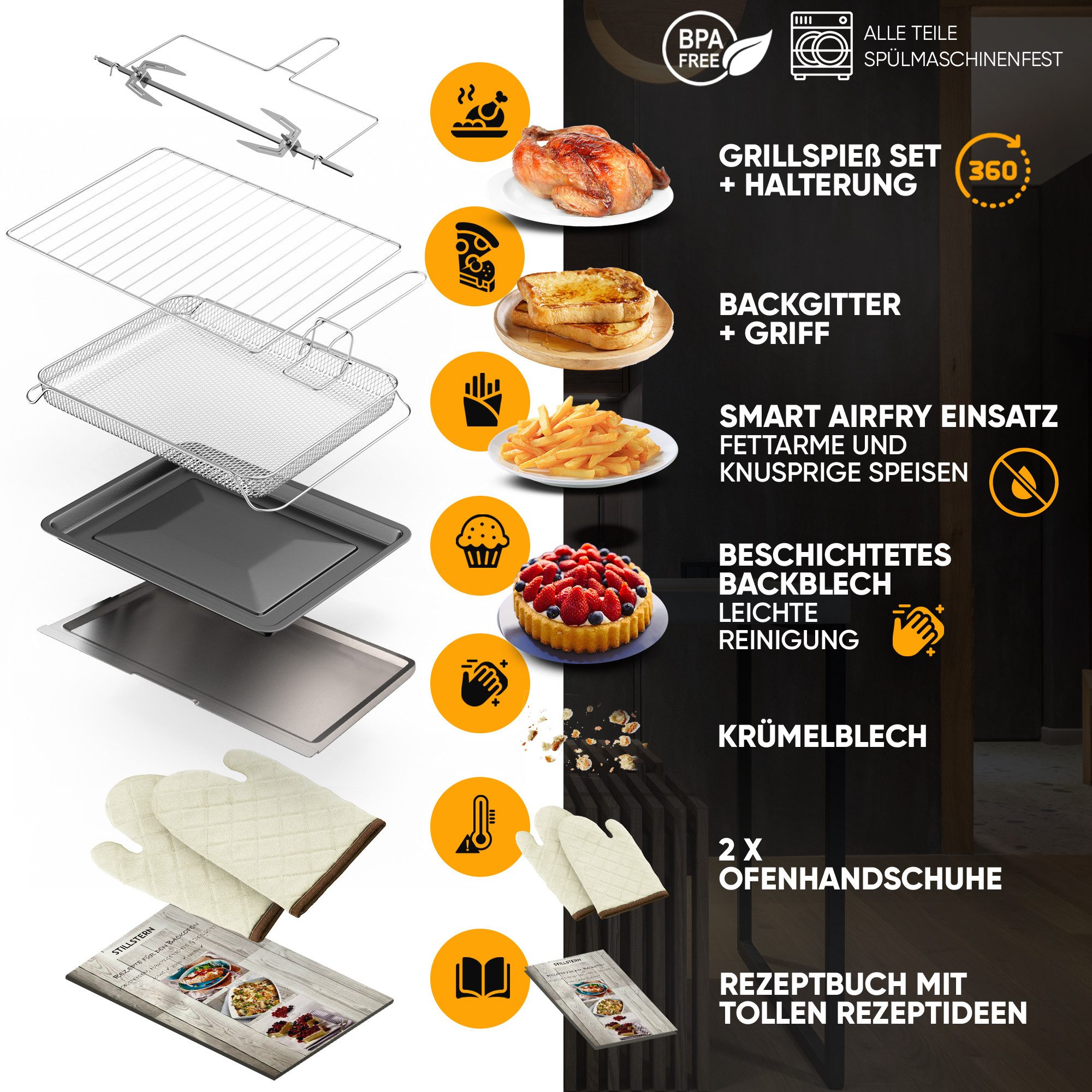 Stillstern Minibackofen MB45-LED 2G (45L) Deutsche Version, Ofenhandschuhe, Rezeptheft, Drehspieß, Timer, Innenbeleuchtung