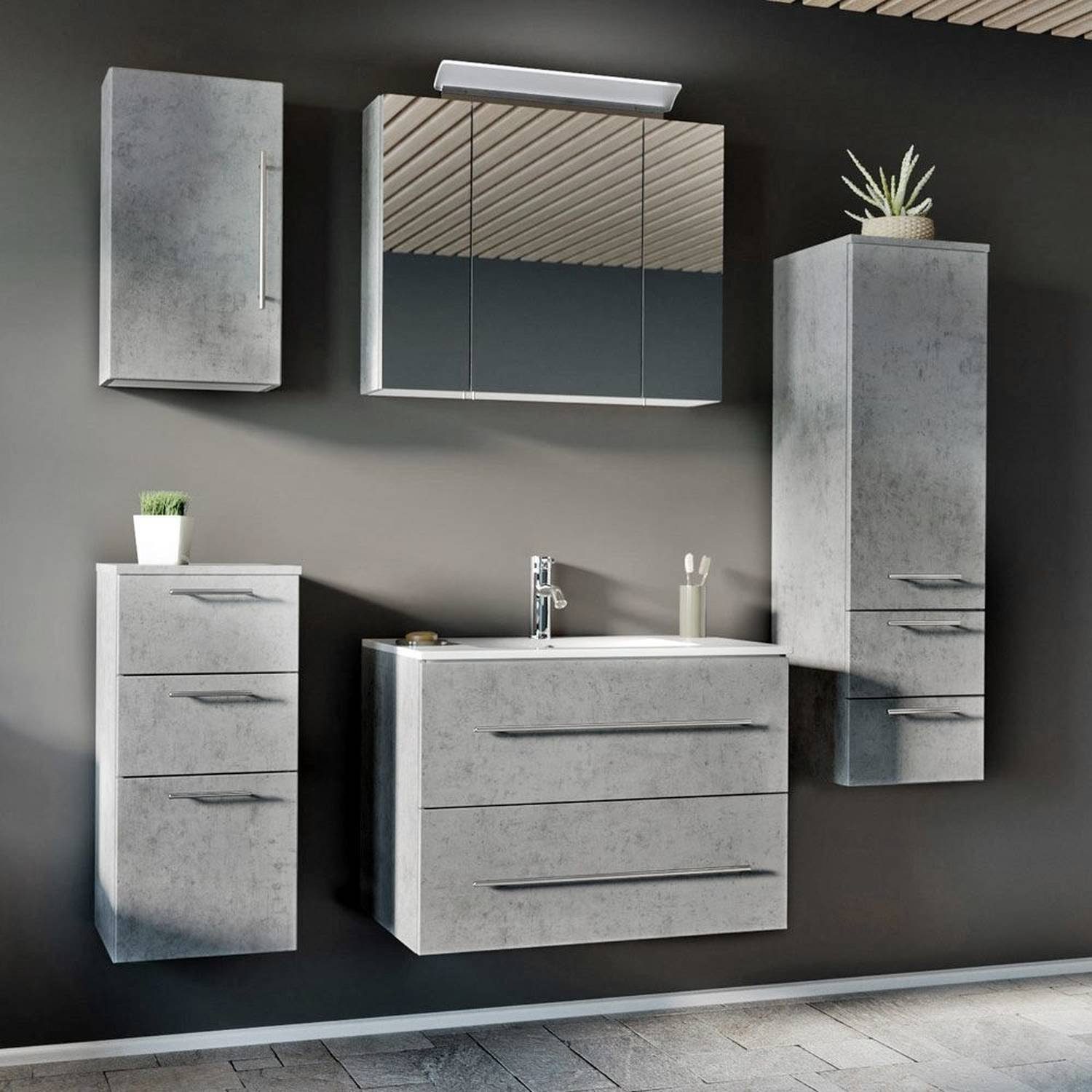 Lomadox Badmöbel-Set »ABUJA-02«, (Spar-Set), Badmöbel-in Beton-Optik