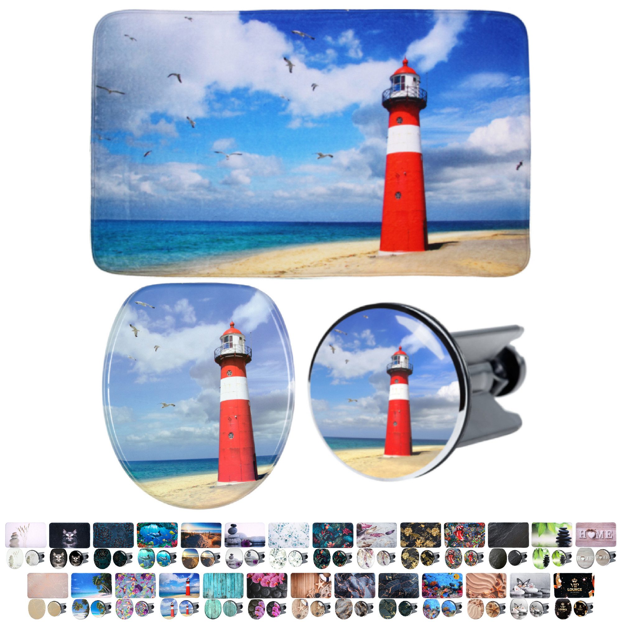 Sanilo Badaccessoire-Set 3-teilig mit Motiv, viele schöne Sets zur Auswahl, WC-Sitz mit Absenkautomatik, Badteppich 70 x 110 cm, Waschbeckenstöpsel, 3 tlg., 3-teilig, hochwertig & modern, universell, leichte Montage