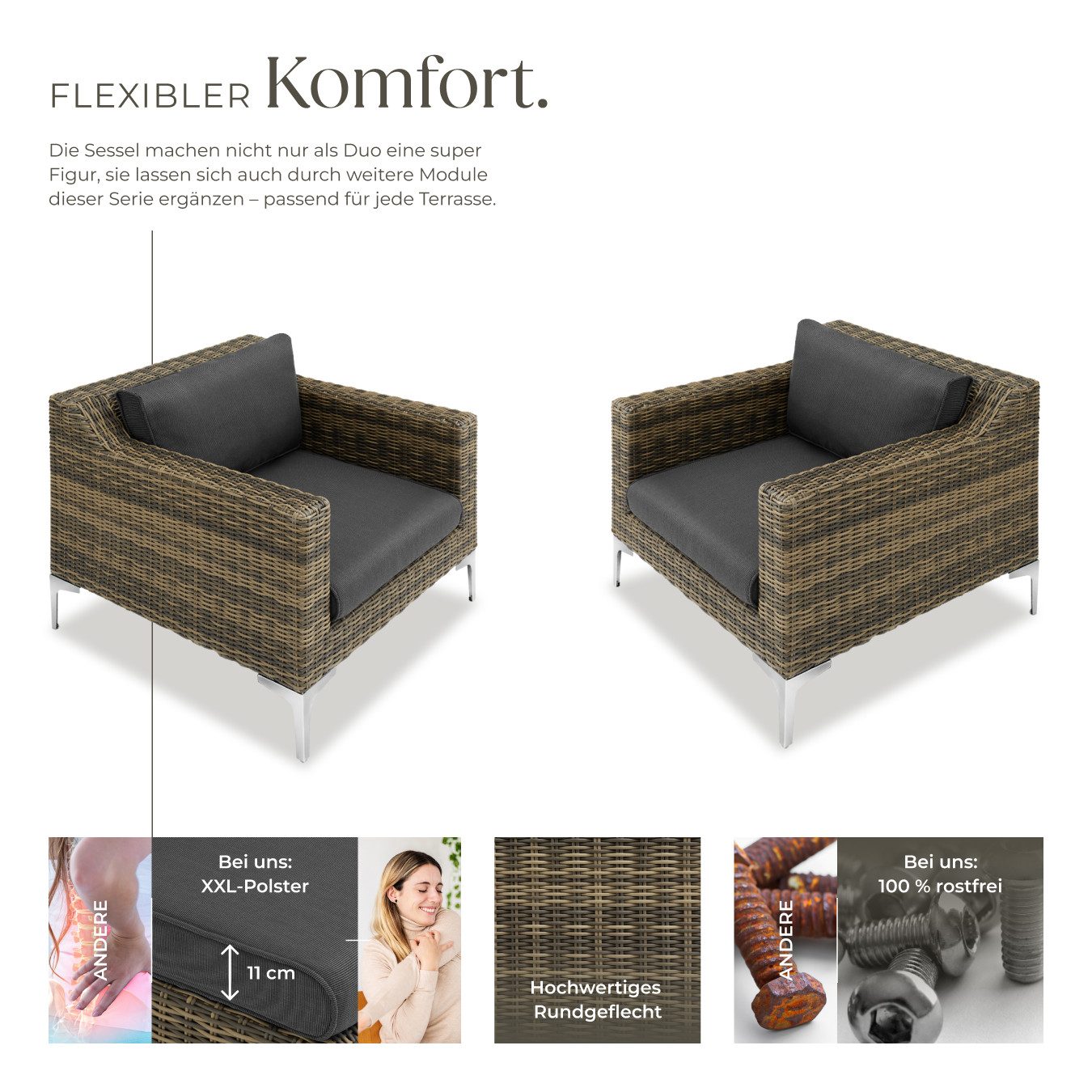 tectake Sitzgruppe Modulares Rattanset, (Set), Stabiler und belastbarer Rahmen aus leichtem und rostfreiem Aluminium