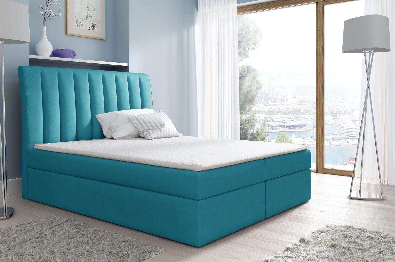 JVmoebel Bett, Ehebett Bettgestell Bett Polsterbett Betten Polyester Boxspringbett Blau