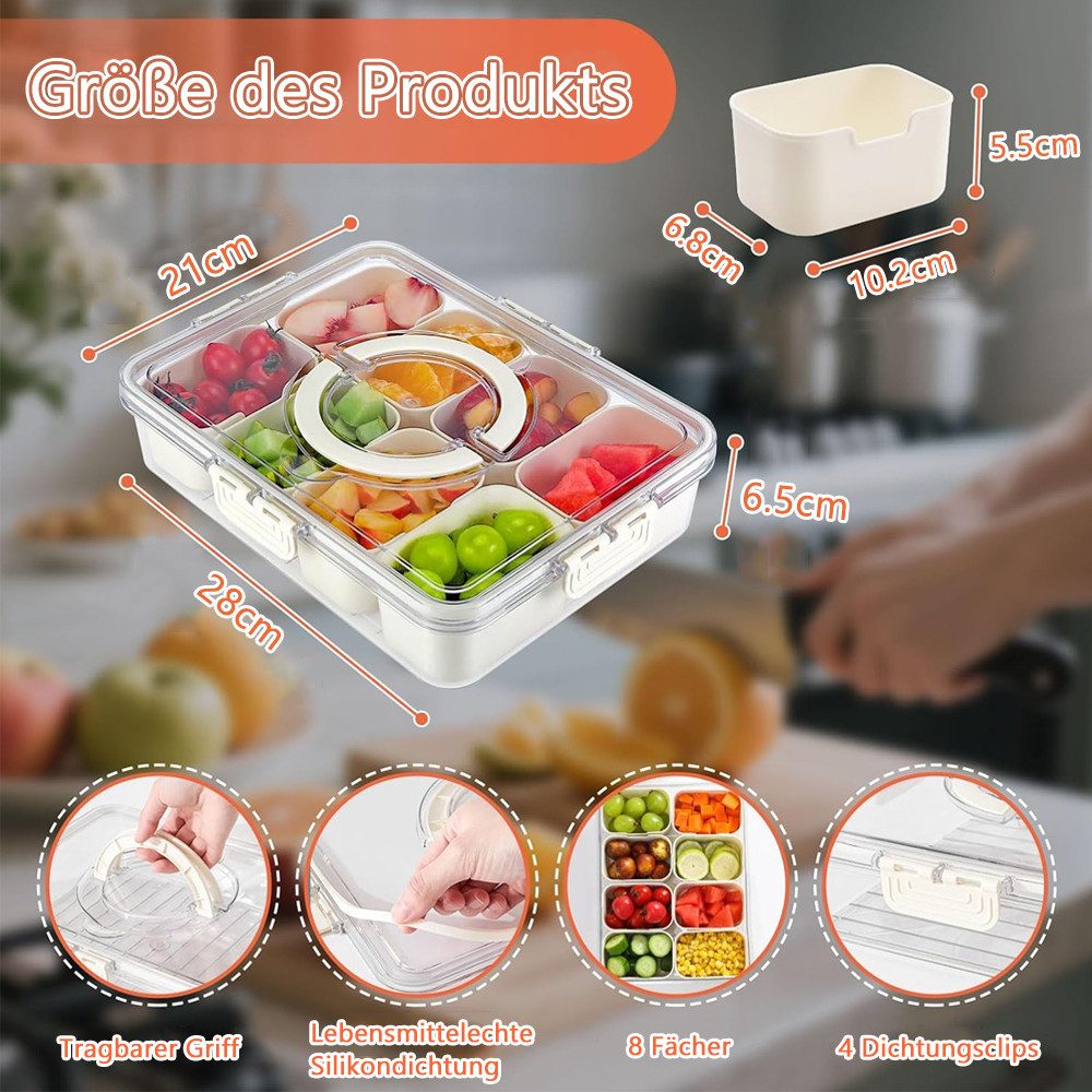 TUWENA Frischhaltedose Snackteller Mit 8 FäChern und Griff, Tragbar Snackboxen Organizer
