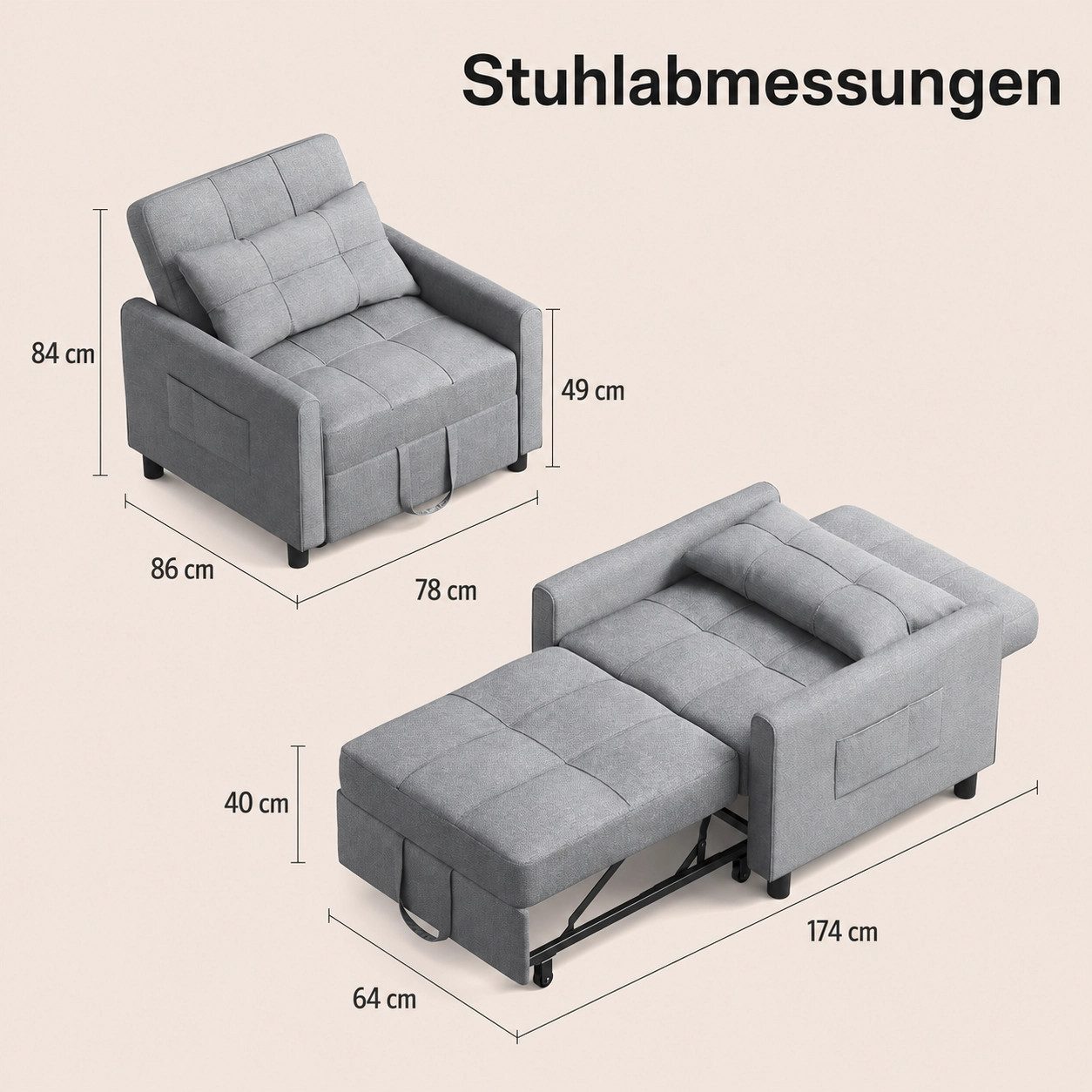 Blishom Relaxsessel 3-in-1 Schlafsessel Schlafsofa Klappbett Relaxsessel 78x86x84 cm, multifunktionaler Sessel zum Ausziehen als Gästebett – Bild 2 von 5