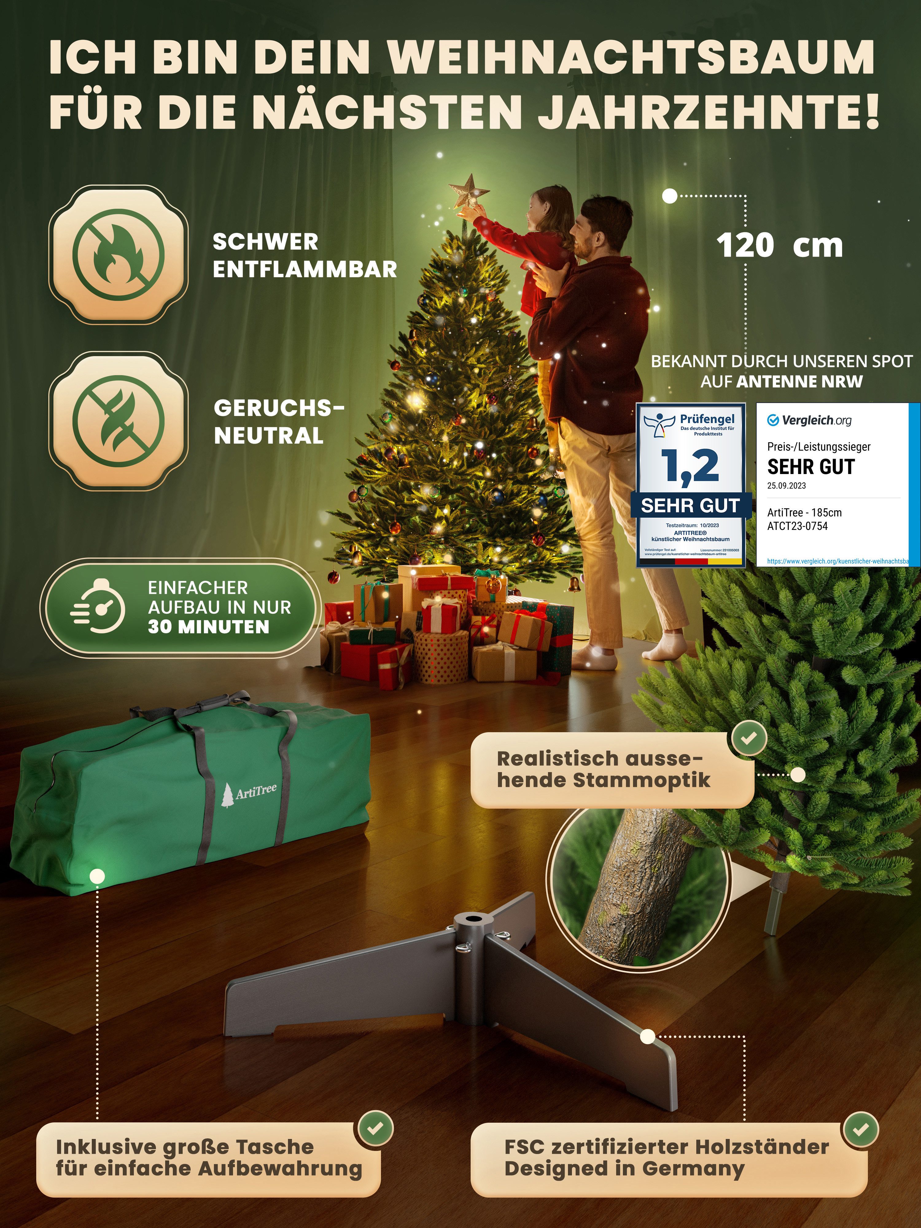 ArtiTree Künstlicher Weihnachtsbaum Künstliche Nordfichte mit LED – Weihnachtsbaum naturgetreu