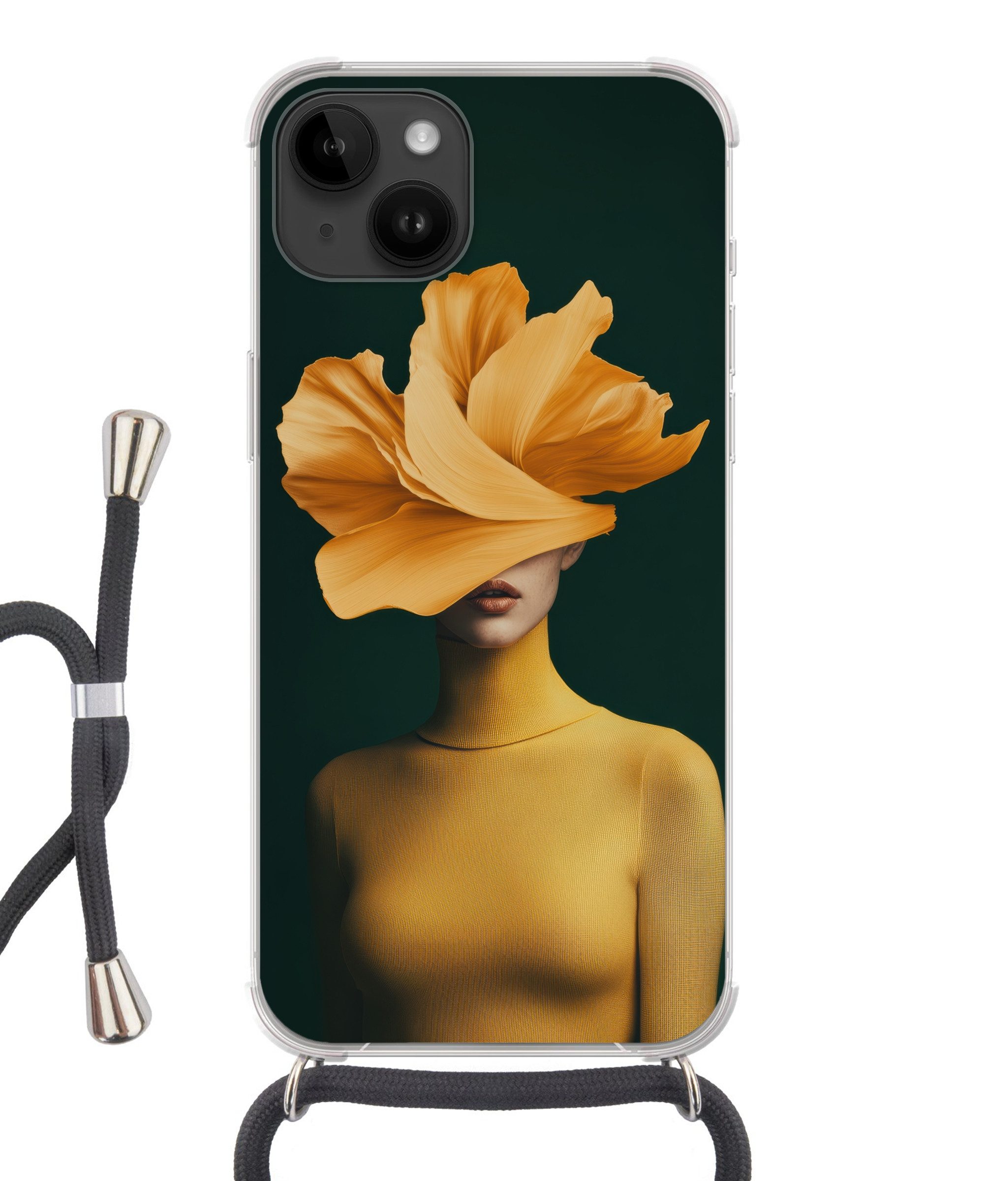 MuchoWow Handyhülle für Apple iPhone 14 Frau - Hut - Gelb, Tragbare Handyhüllen mit Kette zum umhängen, Handykette Handyband