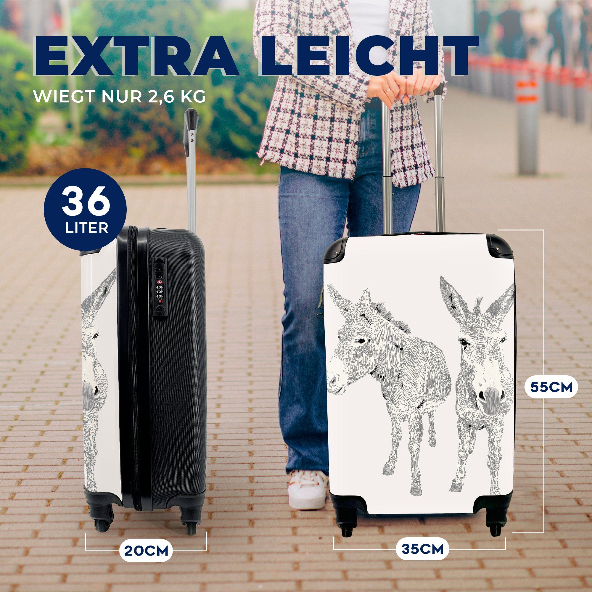 MuchoWow Handgepäckkoffer mit Trolley, Reisekoffer 4 zwei Eine Illustration Ferien, Eseln, Reisetasche rollen, Handgepäck für von Rollen