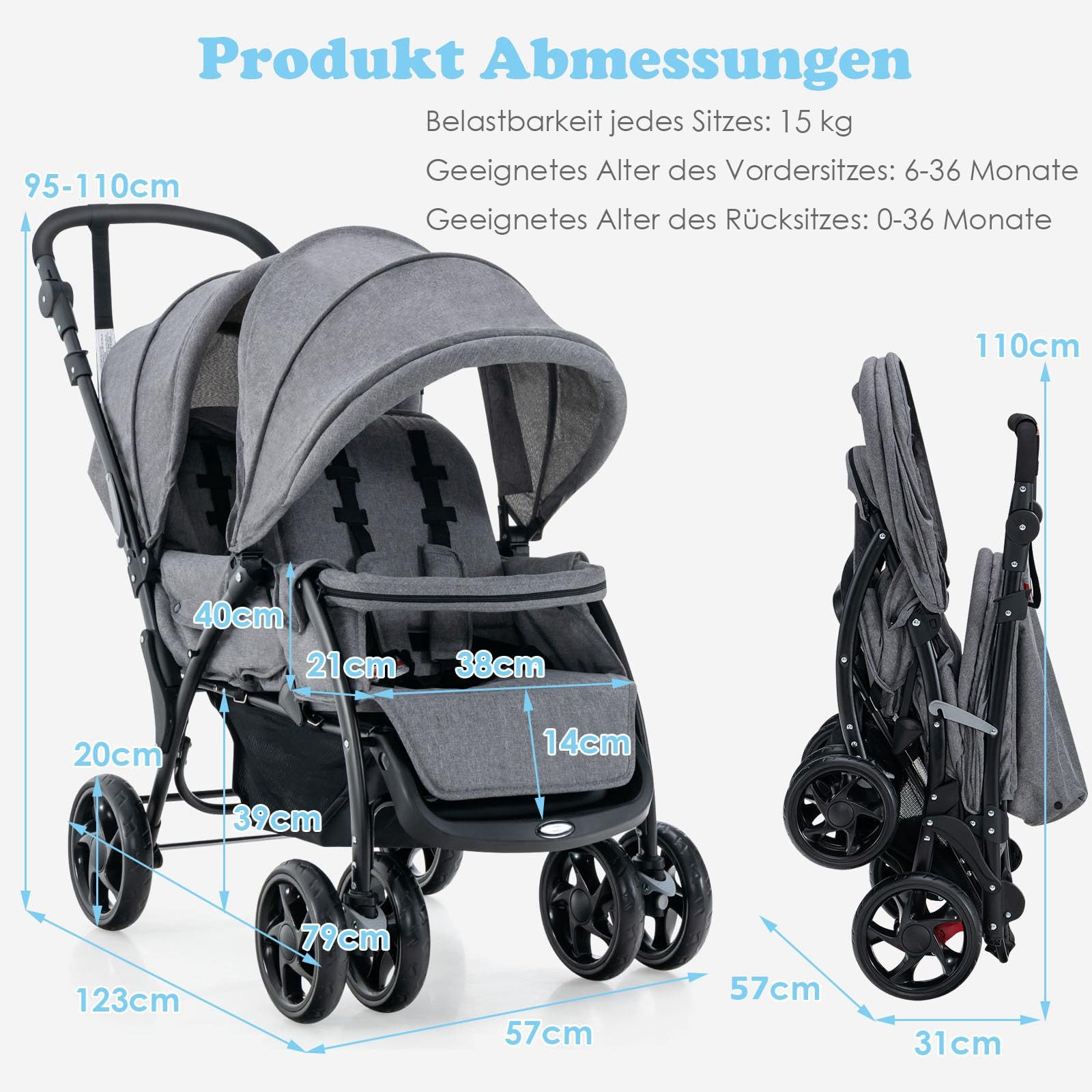 COSTWAY Geschwisterwagen Zwillingsbuggy, mit 5-Punkt Gurt & Einkaufskorb