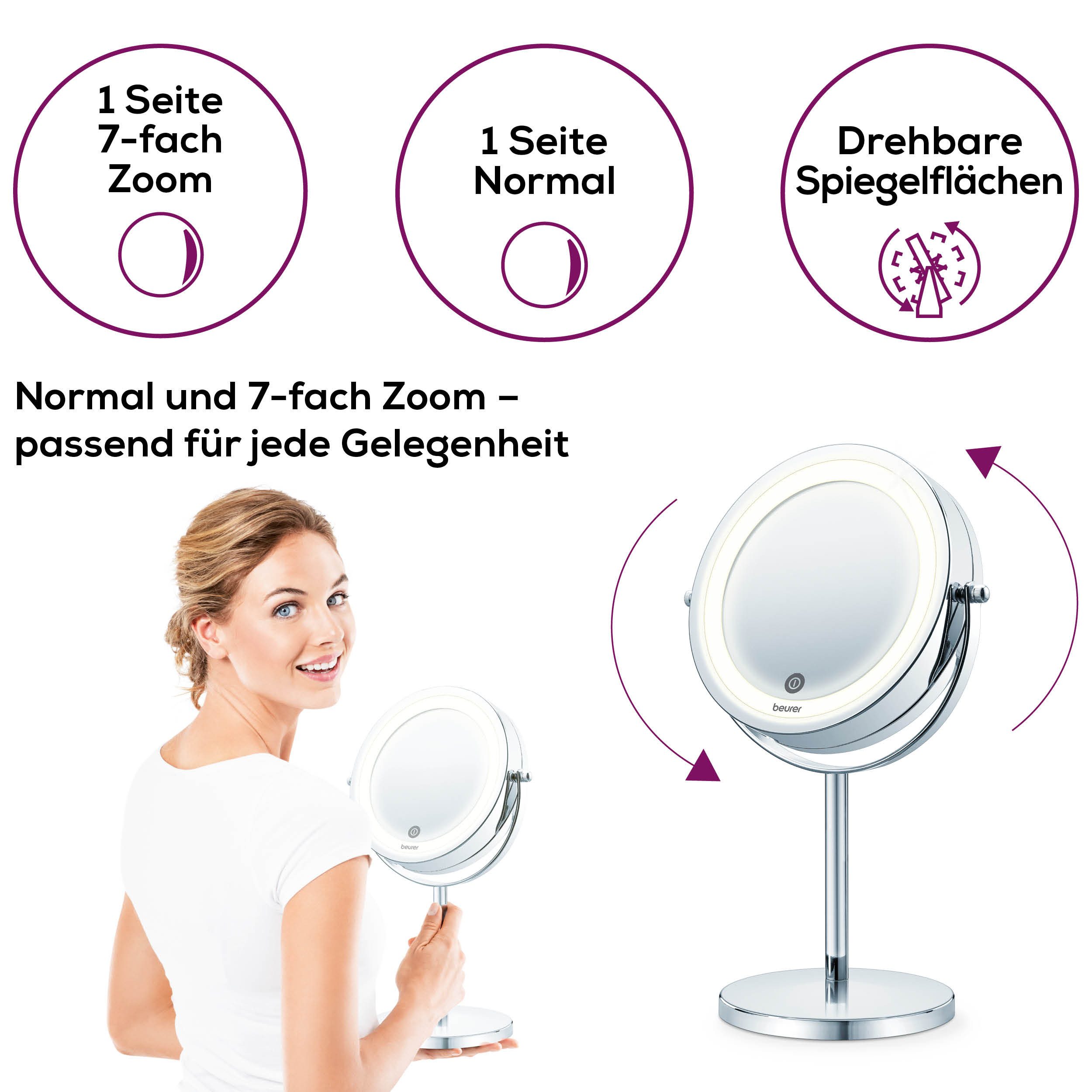 BEURER Kosmetikspiegel BS 55 beleuchteter Kosmetikspiegel mit 7-facher Vergrößerung, Beauty-Spiegel mit LED-Licht und Dimmfunktion, 2 Spiegelflächen