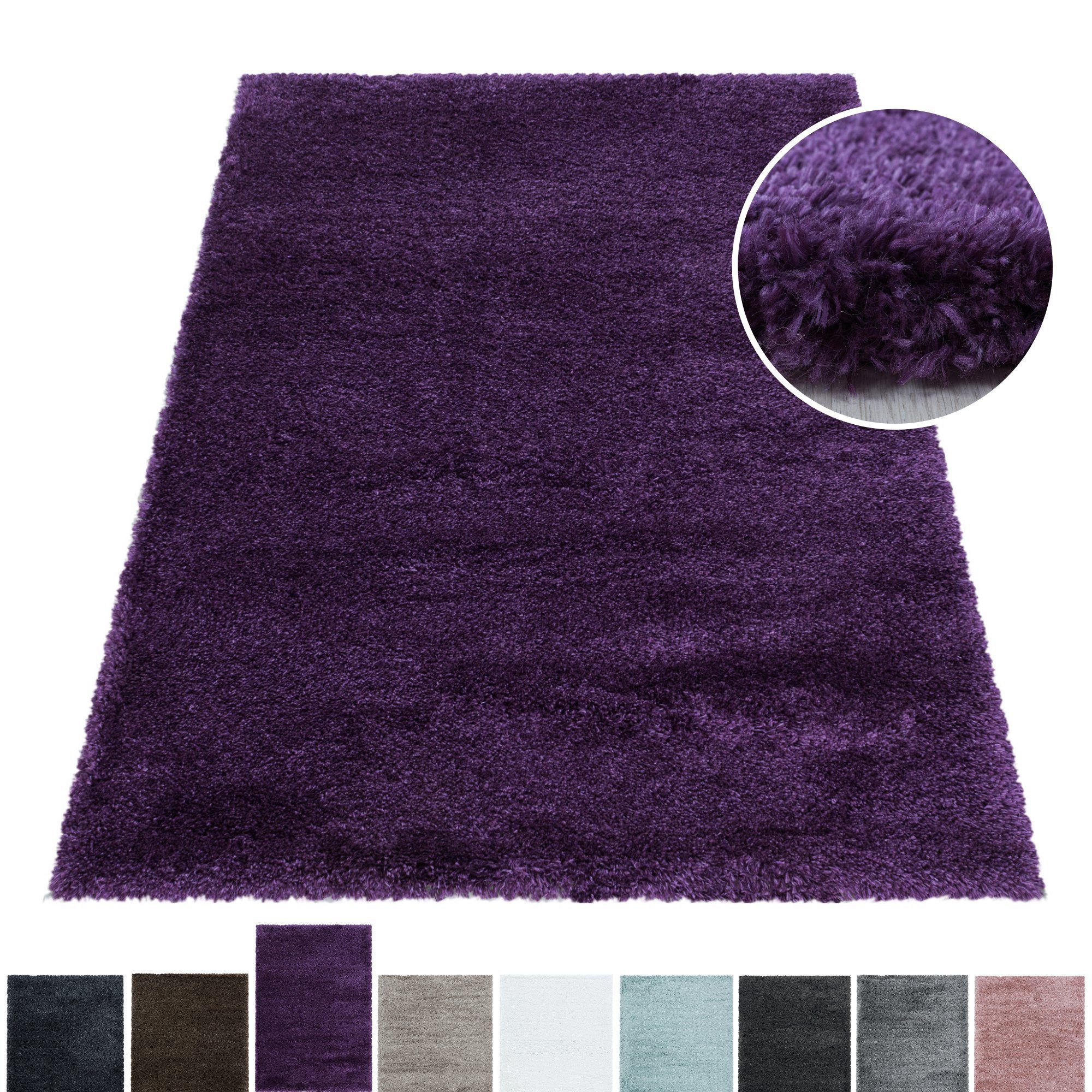Spezial Hochflor-Teppich Teppich Hochflorteppich Shaggy Unifarben kuschelig Miovani, 50 Rechteckig, Lila mm Höhe: Wohnzimmer