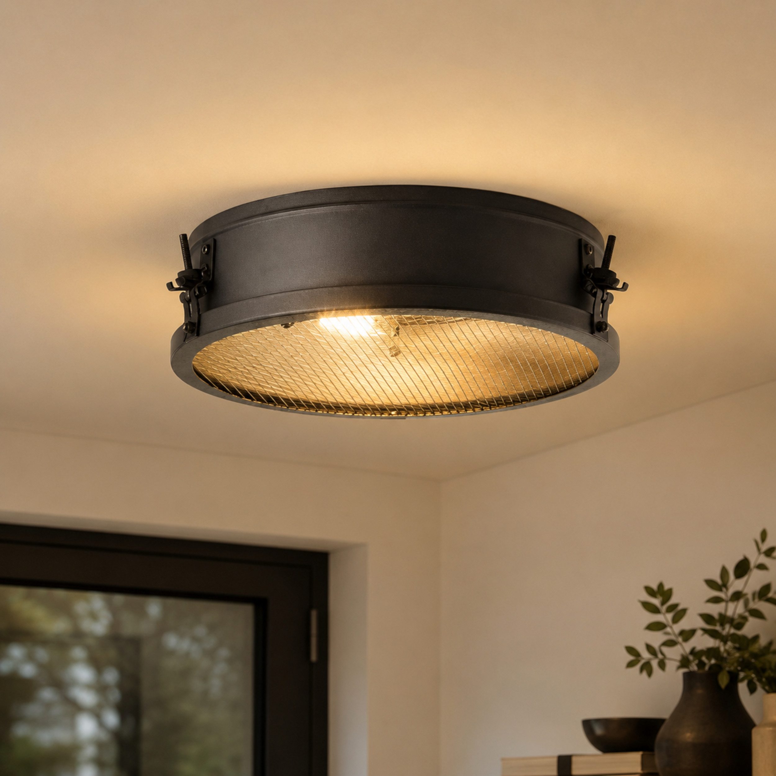 Lightbox Deckenleuchte, ohne Leuchtmittel, Deckenlampe, Ø 34 cm, E27, mit Gitter, Metall, schwarz korund