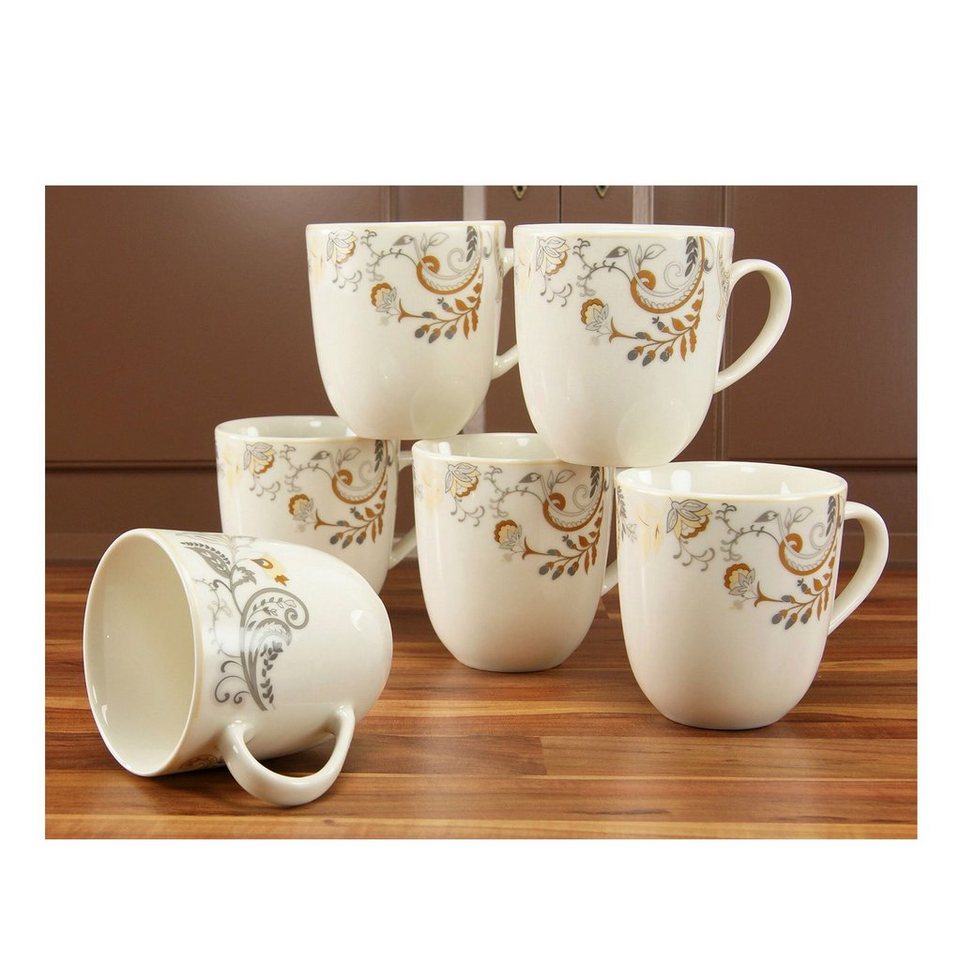 CreaTable Becher Kaffeebecher Palacio, Porzellan, Tassen Set, 6-teilig,  Hochwertiges Porzellan