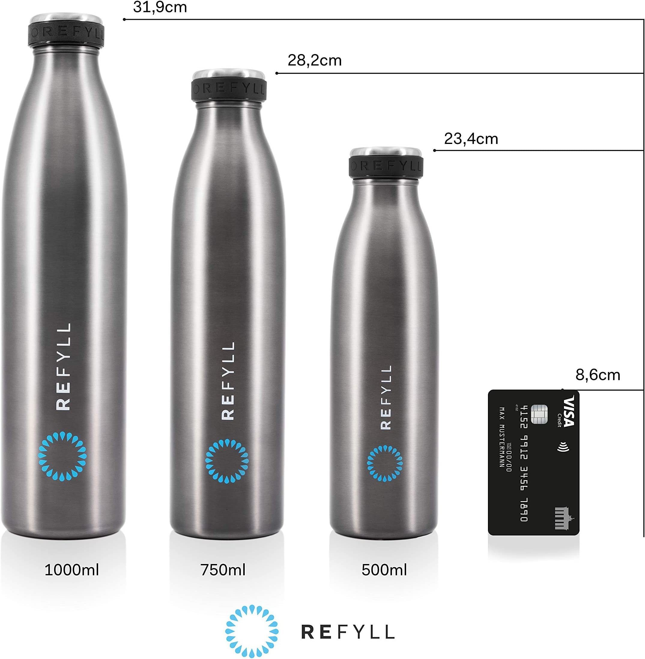 REFYLL Thermoflasche Trinkflasche 750ml, Vakuum - Thermosflasche Grau 500ml, isoliert, Auslaufsicher 1l & - doppelwandiger Isolierung "dailyFYLL" mit