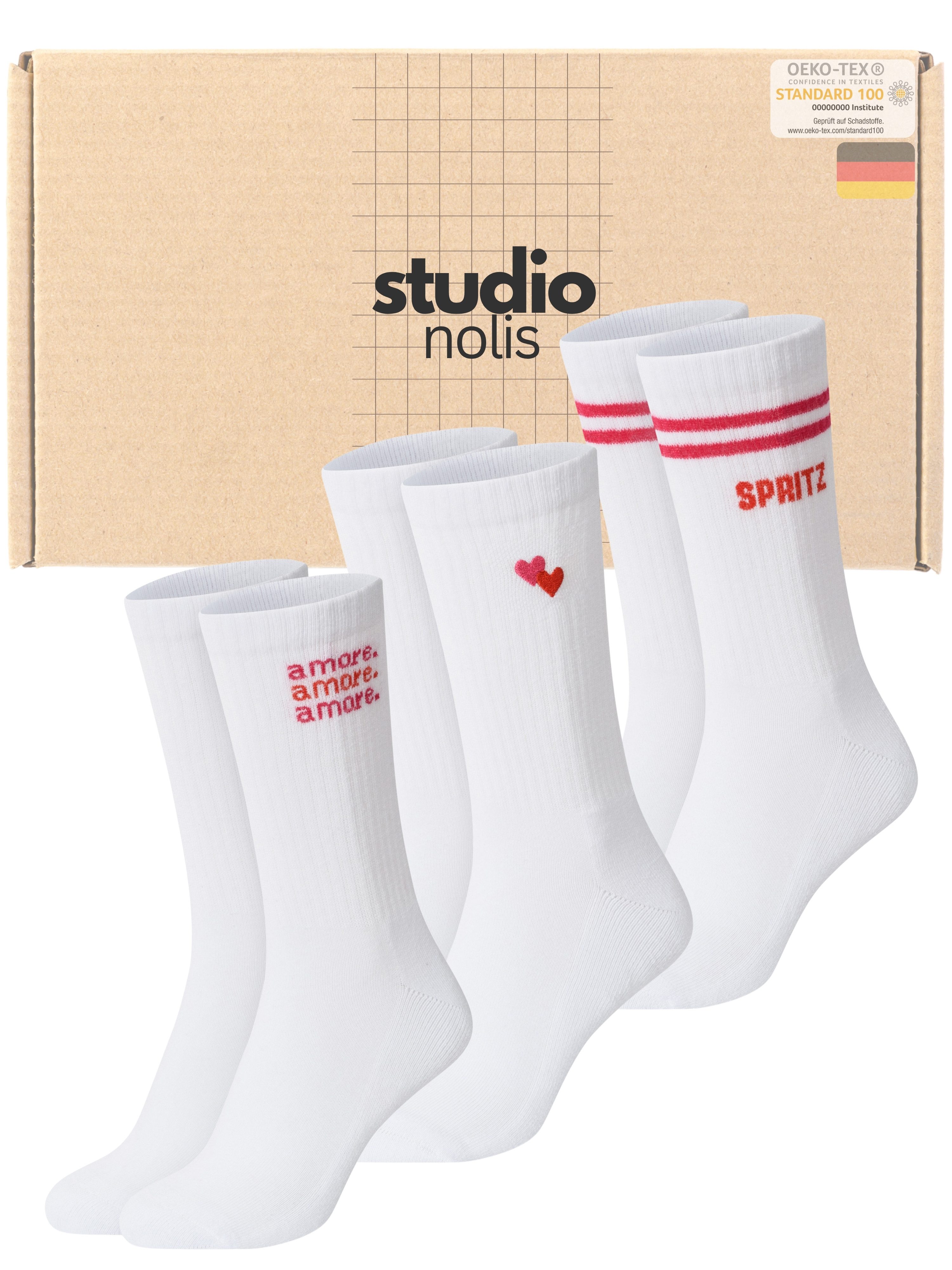 Studio Nolis Tennissocken Amore Herz Baumwolle Socken Damen Streifen Crew Socks (Set, 3 Paar)