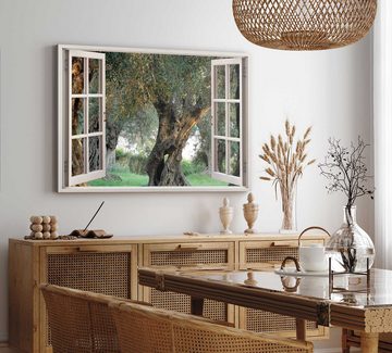 Sinus Art Leinwandbild Wandbild 120x80cm Fensterbild Olivenbaum Natur alter Baum Grün Italien, (1 St)