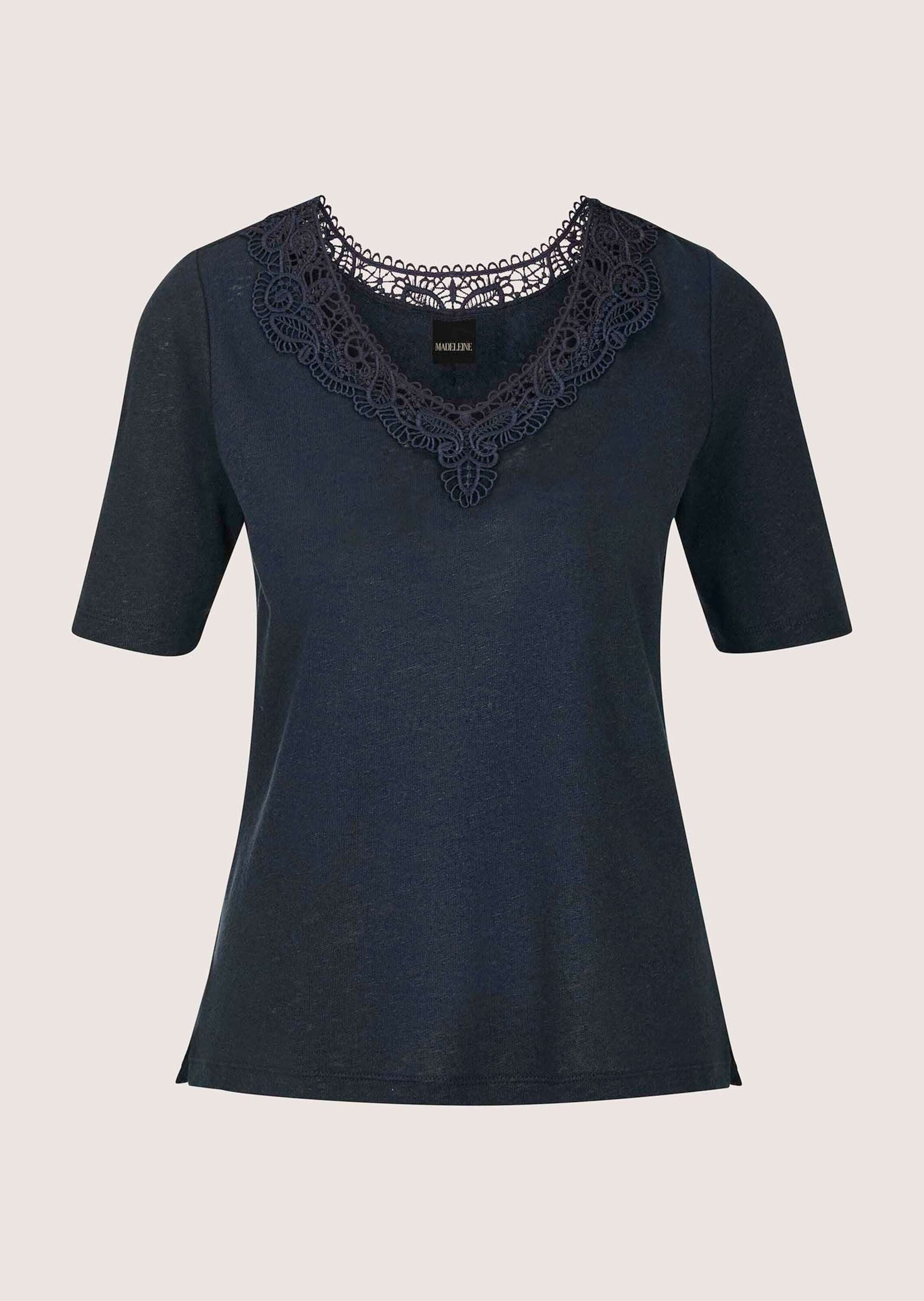 MADELEINE Kurzarmshirt Kurzarm Leinen-Shirt mit Spitzenbesatz Uni-Design mit dekorativem V-Ausschnitt vorne und hinten