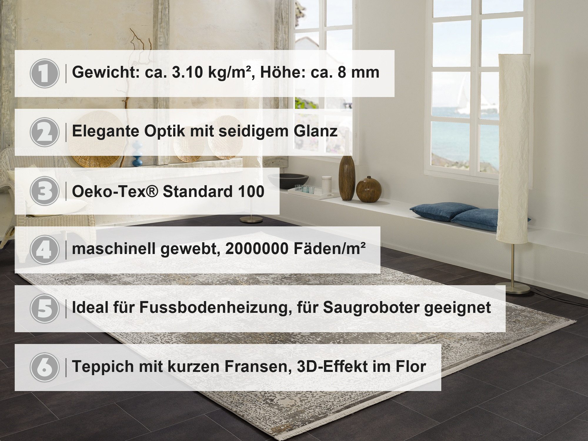 OCI DIE TEPPICHMARKE Teppich BESTELLER CAVA, rund, Höhe: 8 mm, Glanz Viskose, mit Fransen, Hoch Tief Struktur, Vintage, Wohnzimmer