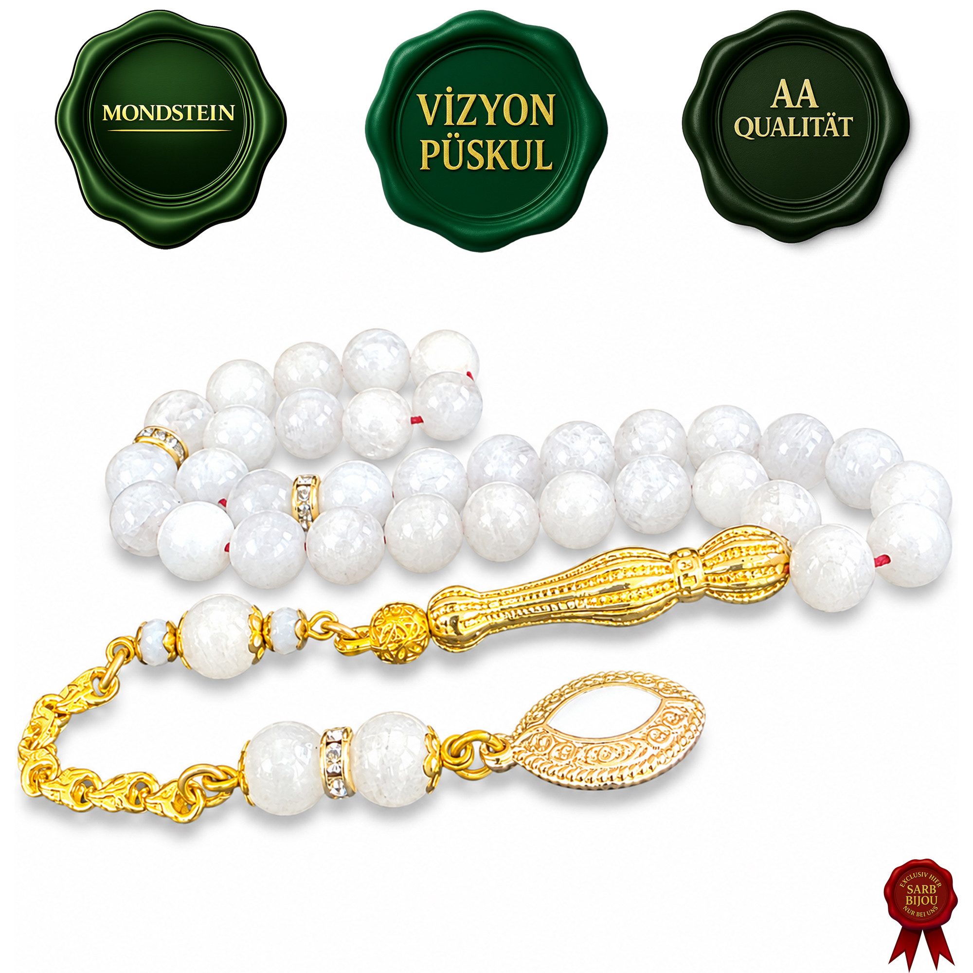 M-Punkt24 Kettenanhänger Tesbih Tespih Naturstein Küre Rund (Mondstein, 8 mm, Rund, Rosary, Subha Misbah, Gebetskette), Design Püskül, inkl. ETUI, *SONDERPREIS WEGEN PRODUKT NEUHEIT*