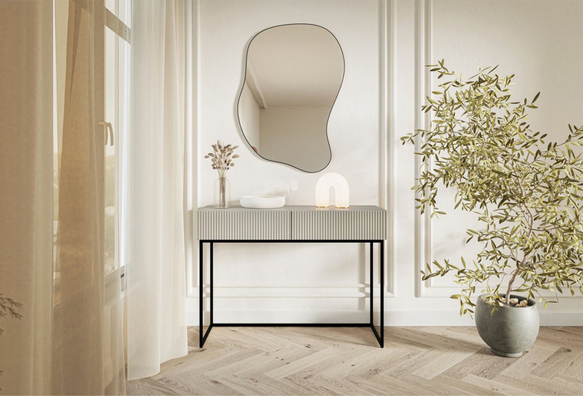 Selsey Schminktisch VELDIO, 2 Schubladen mit geriffelten Fronten, Metallgestell, 110 cm breit