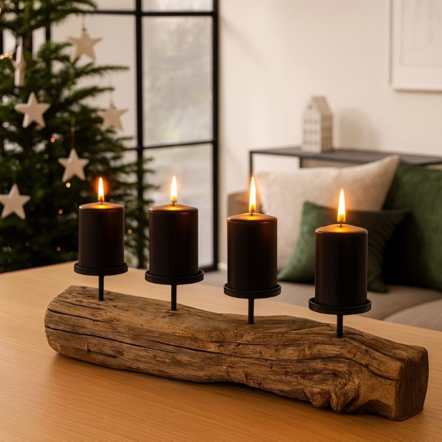 Online-Fuchs Adventskranz aus Treibholz mit schwarzen Kerzenhaltern aus Metall, länglich, modern und natürlich für Ihre Weihnachtsdekoration