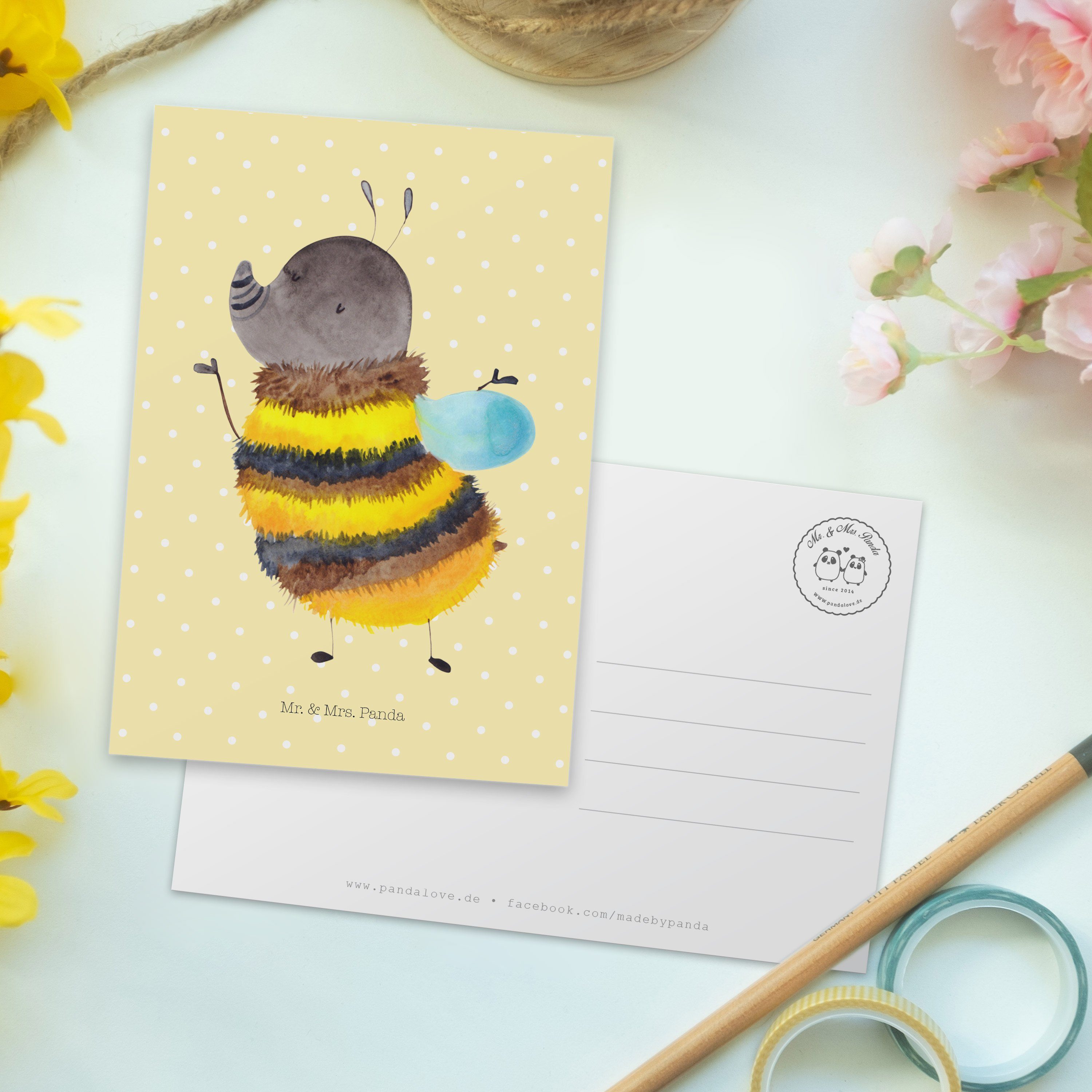 Gute Biene, Laune, Einlad Postkarte Gelb Geschenk, Mrs. & Panda Mr. Pastell Hummel - flauschig -