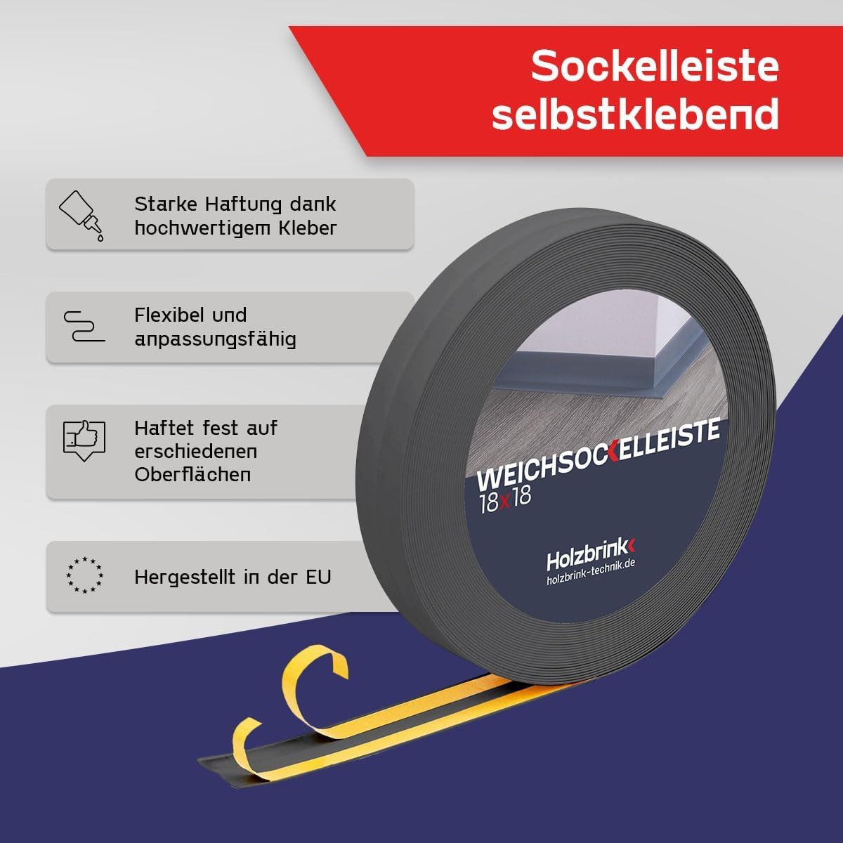 HOLZBRINK Sockelleiste HOLZBRINK selbstklebend PVC 18x18mm, 1 m, L: 100 cm, 1m Rolle, Küchenleiste Abschlussleiste für Badezimmer Farbe: Dunkelgrau – Bild 4 von 5