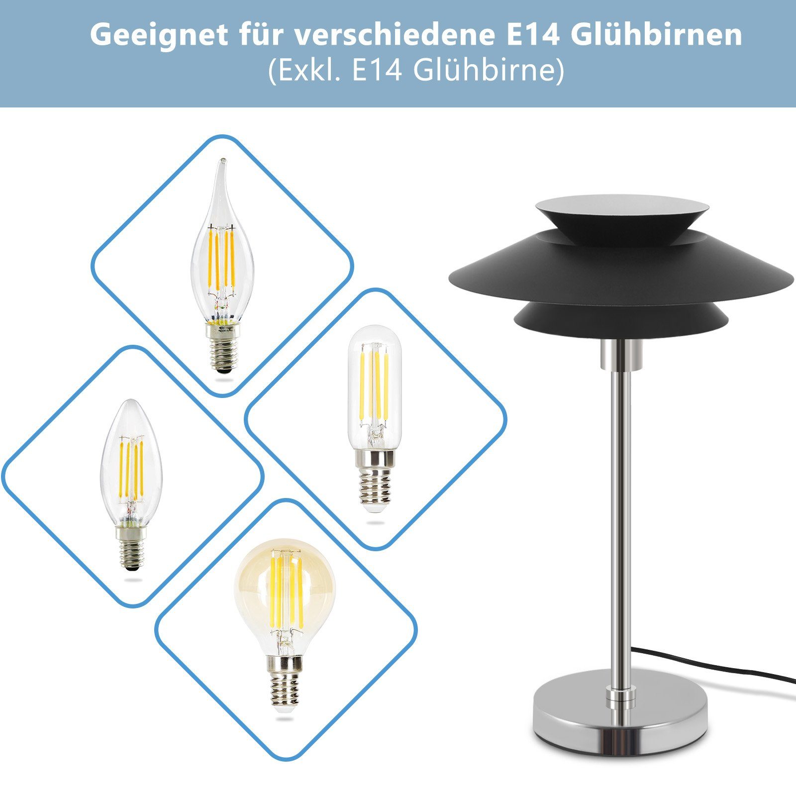 Nettlife LED Arbeitzimmer Tischleuchte Schlafzimmer Moderne Wohnzimmer Vintage für Tischlampe Schreibtisch Kinderzimmer wechselbar, Schwarz Nachttischlampe E14,