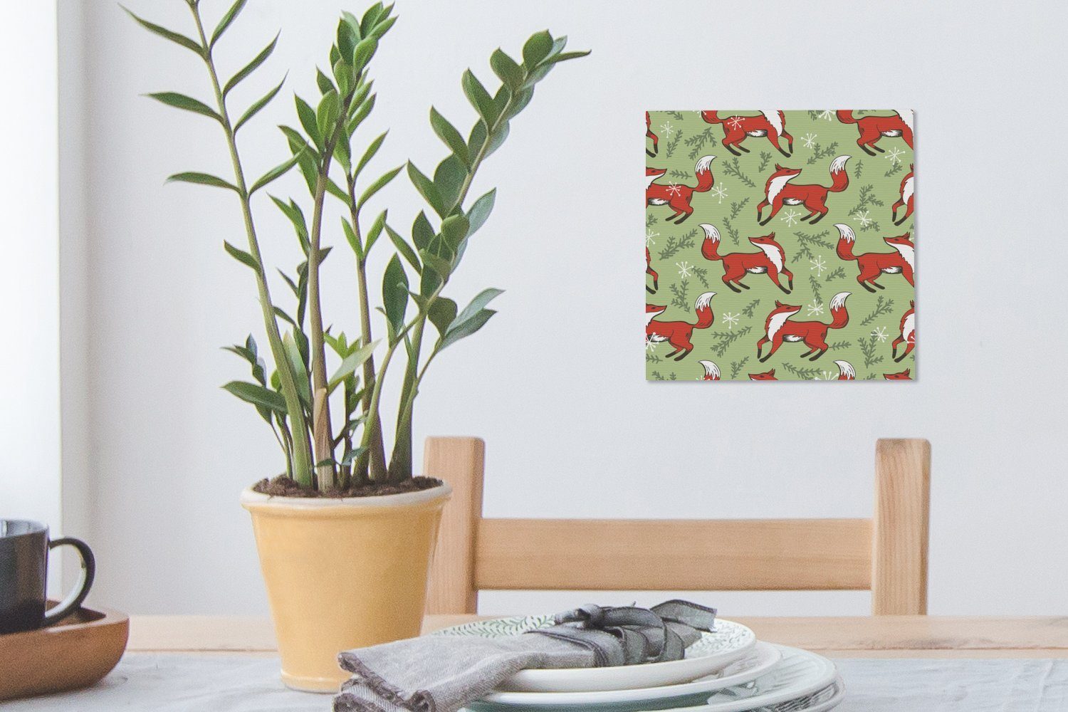 Leinwand Leinwandbild Füchse Muster (1 Wohnzimmer Grün, Bilder - OneMillionCanvasses® St), - für Schlafzimmer